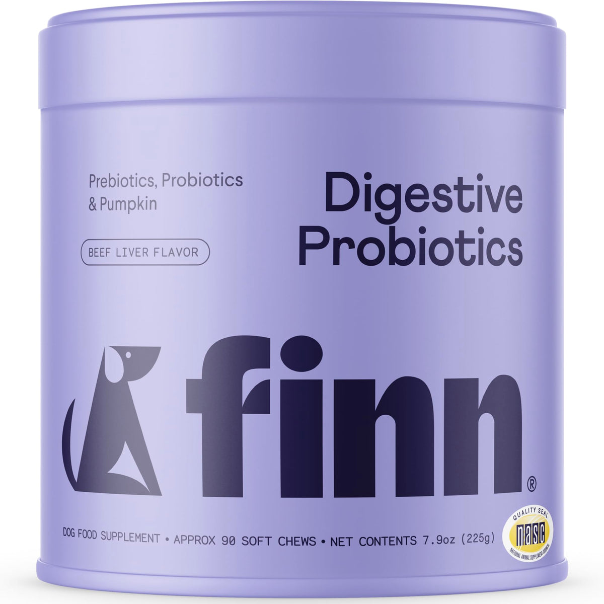 Finn Digestive Probiotics for Dogs bottle pours to show easy daily dosing for gut support.