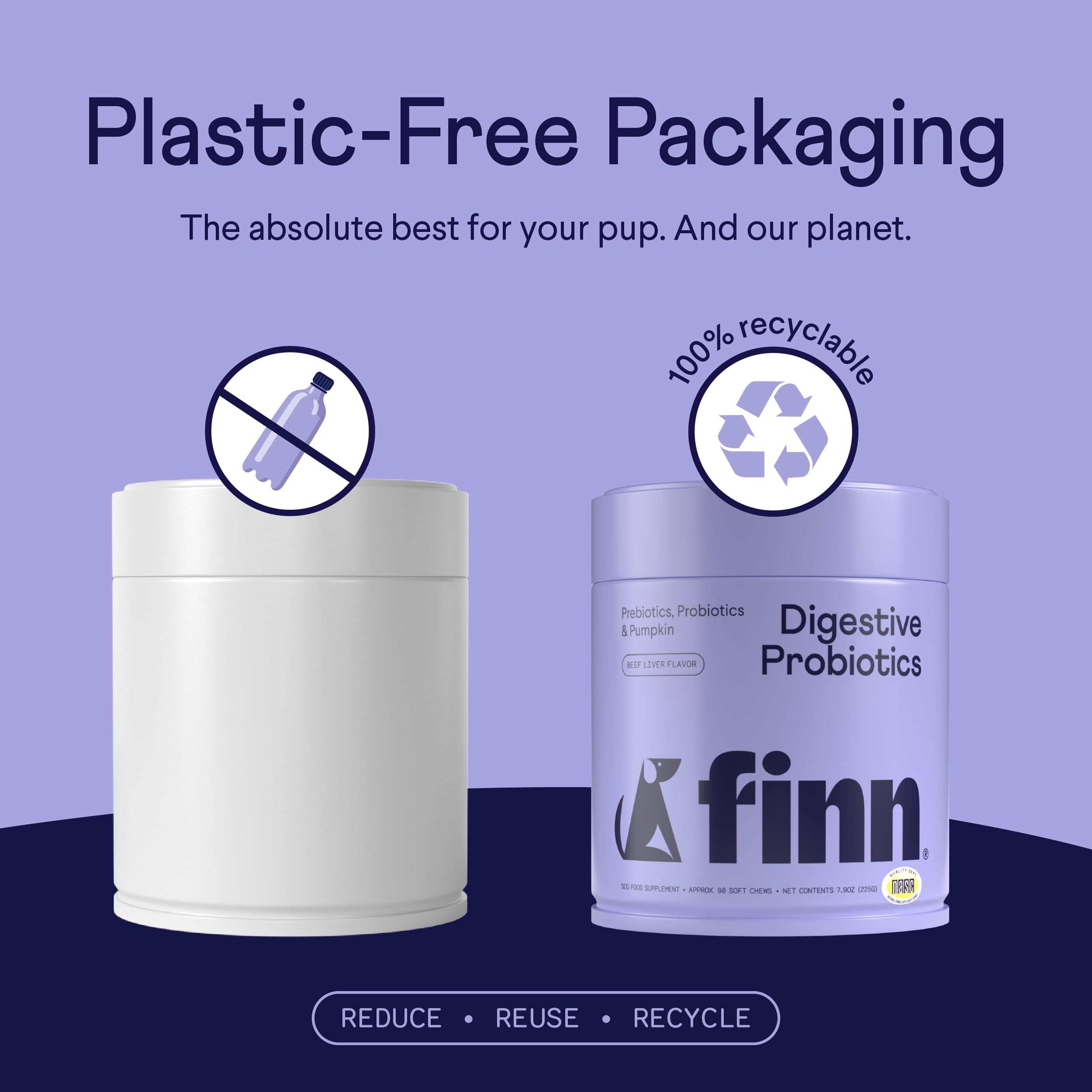 Finn Digestive Probiotics for Dogs NASC badge photo reinforces safety and transparency.