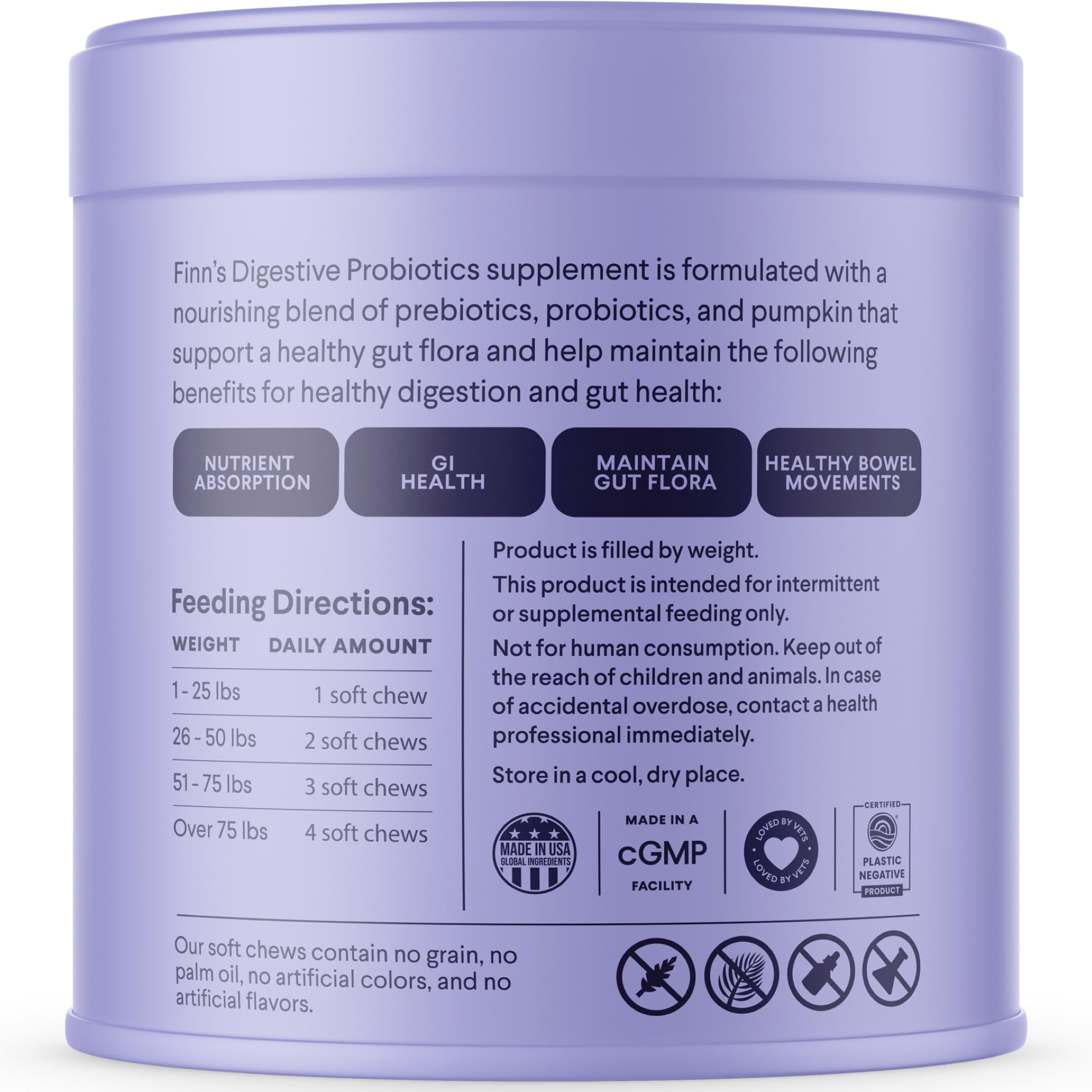 Finn Digestive Probiotics for Dogs prebiotic fiber image shows inulin and FOS support.