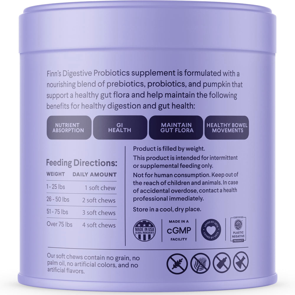 Finn Digestive Probiotics for Dogs prebiotic fiber image shows inulin and FOS support.