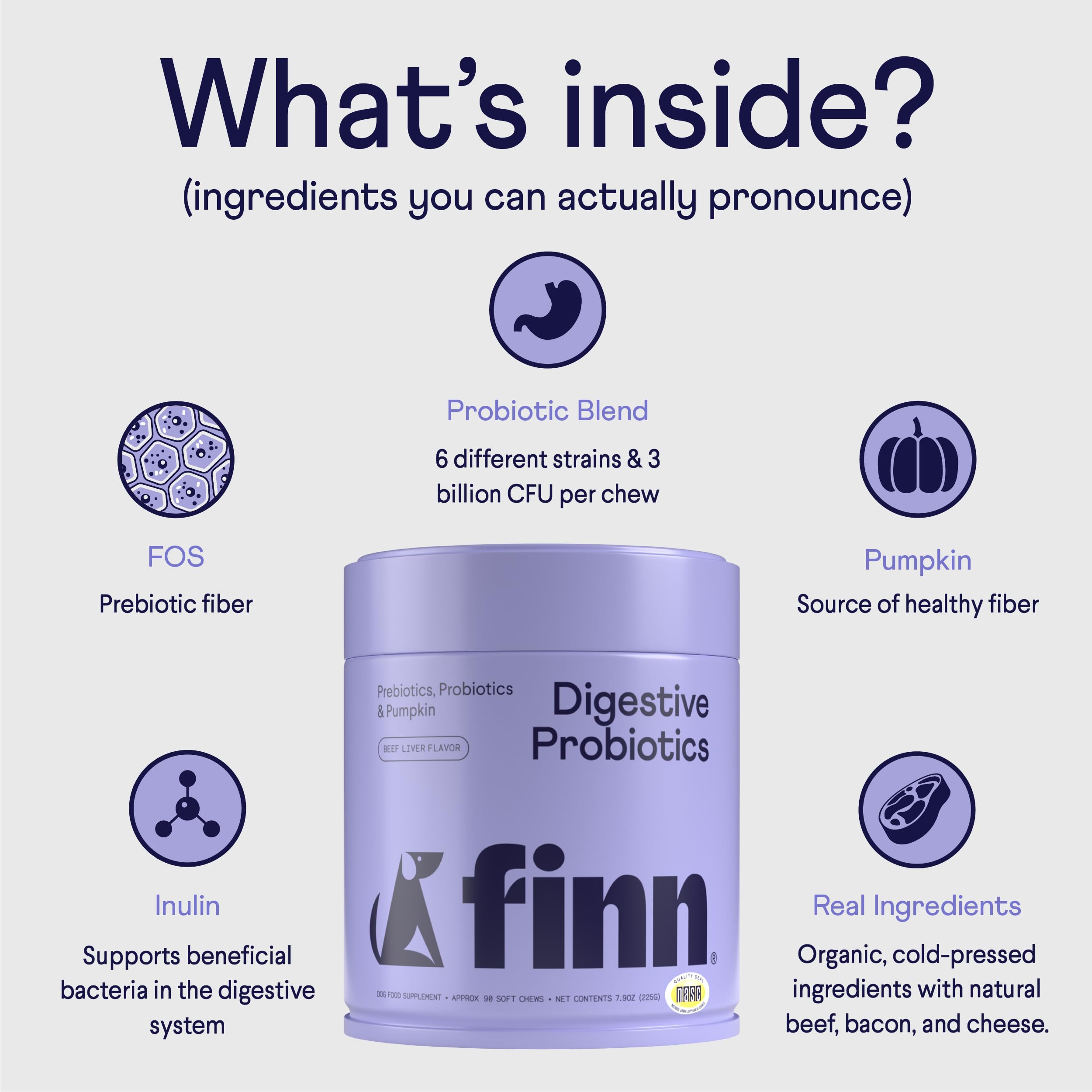 Finn Digestive Probiotics for Dogs soft chews closeup emphasizes tasty texture and convenient dosing.