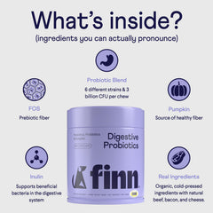 Finn Digestive Probiotics for Dogs soft chews closeup emphasizes tasty texture and convenient dosing.