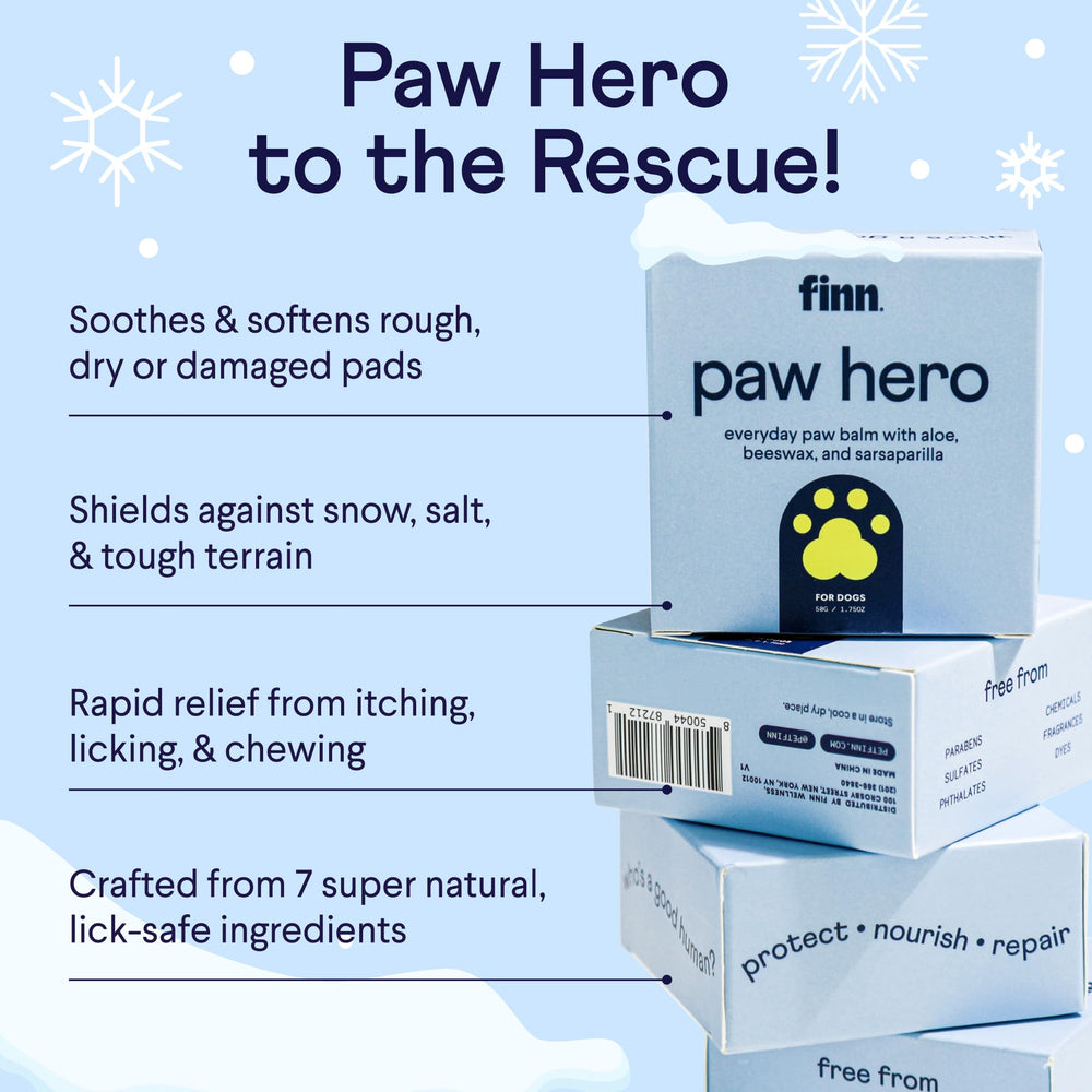 Finn Paw Hero balm application on paw demonstrates smooth winter-ready coverage.