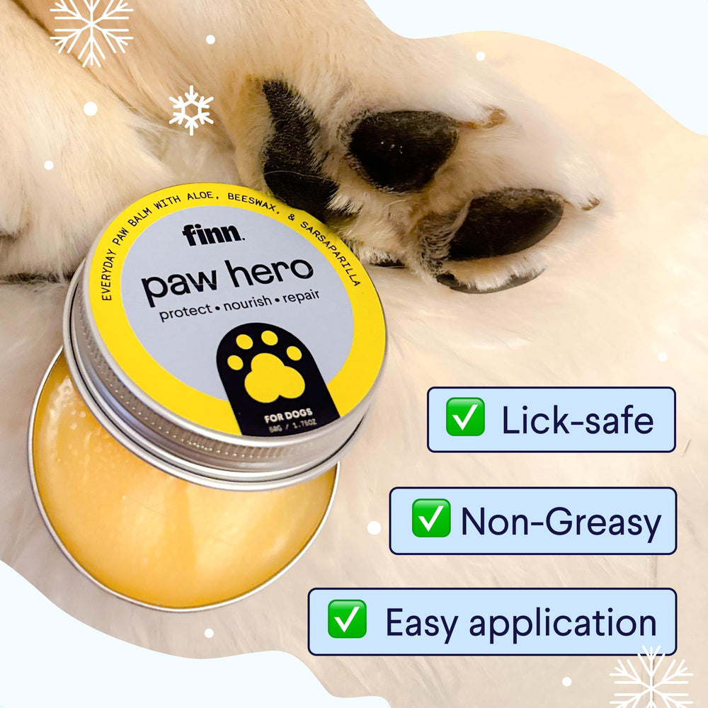 Finn Paw Hero balm packaging side emphasizes lick-safe, all-natural formula.