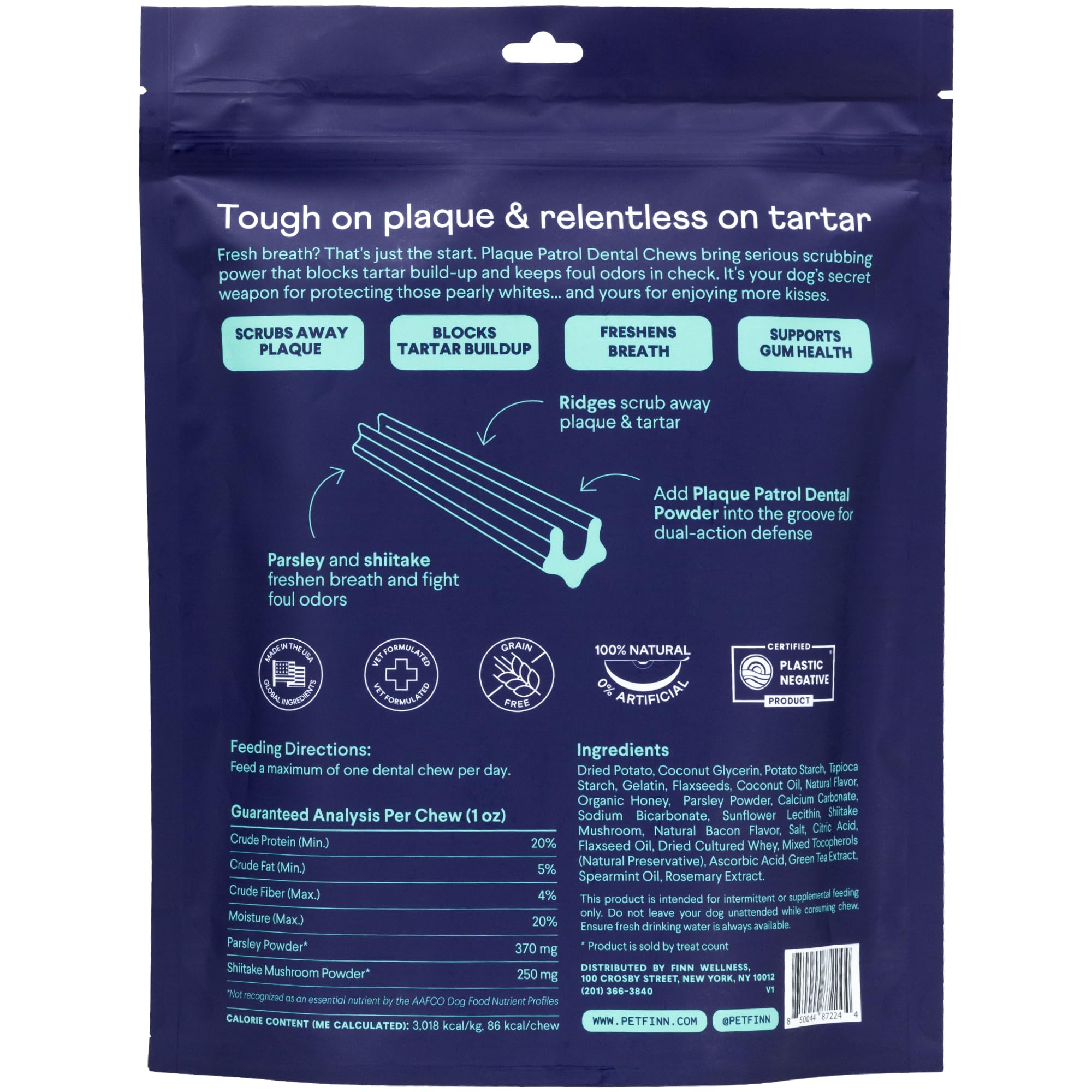 Finn Plaque Patrol chew texture close-up for plaque control benefits