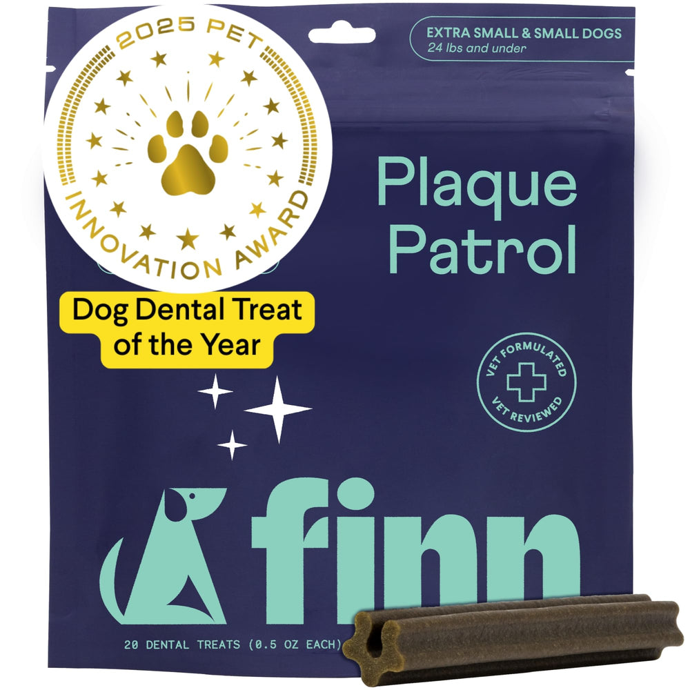 Finn Plaque Patrol Chews bag-front view promotes natural dental care.