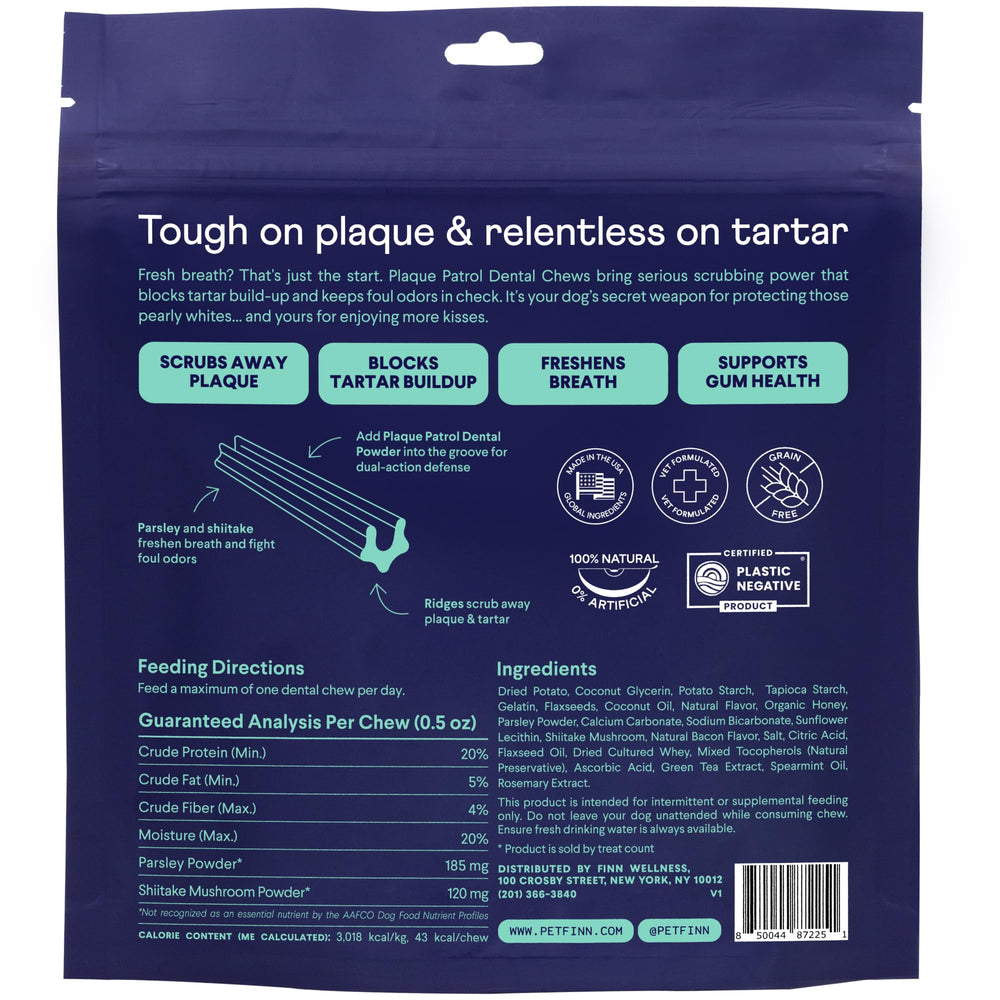 Finn Plaque Patrol Chews dog chewing during play supports fresh breath.