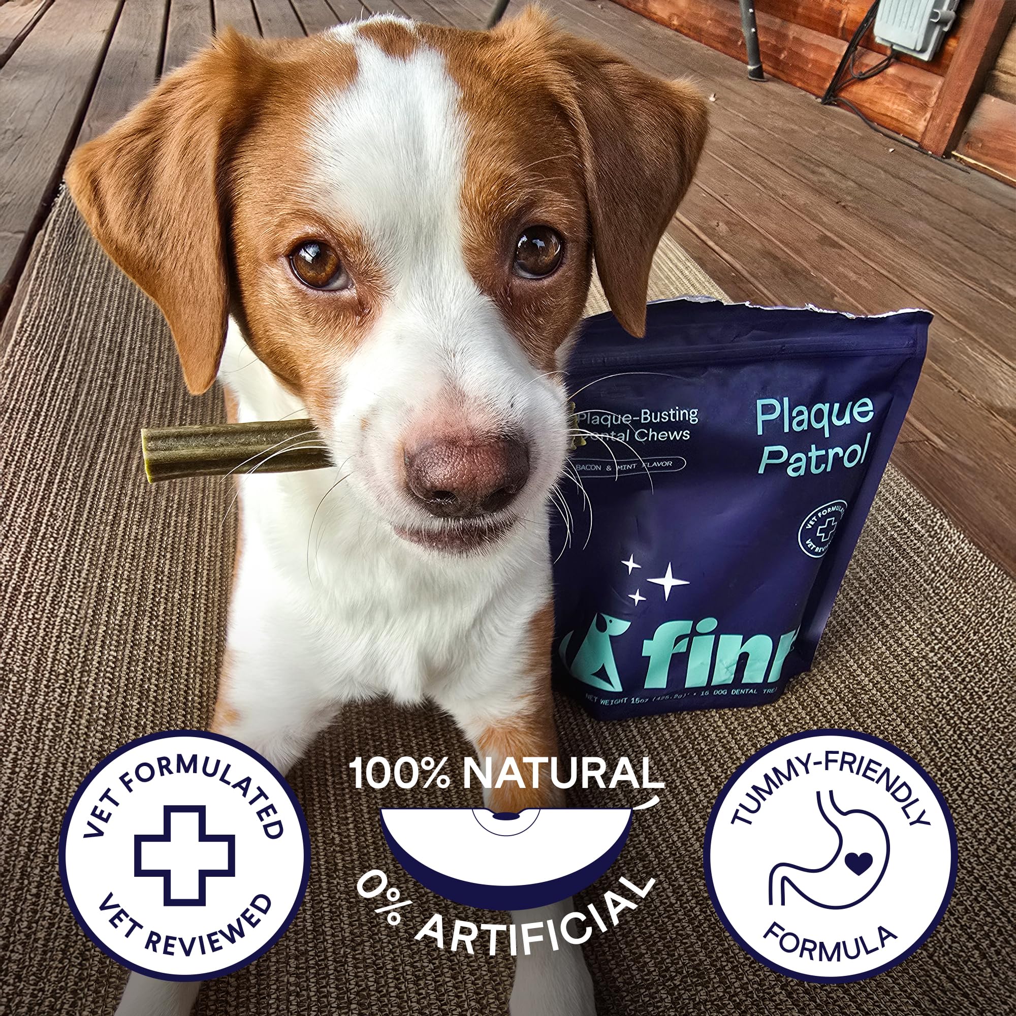 Finn Plaque Patrol Chews veterinarian-formulated seal on package.
