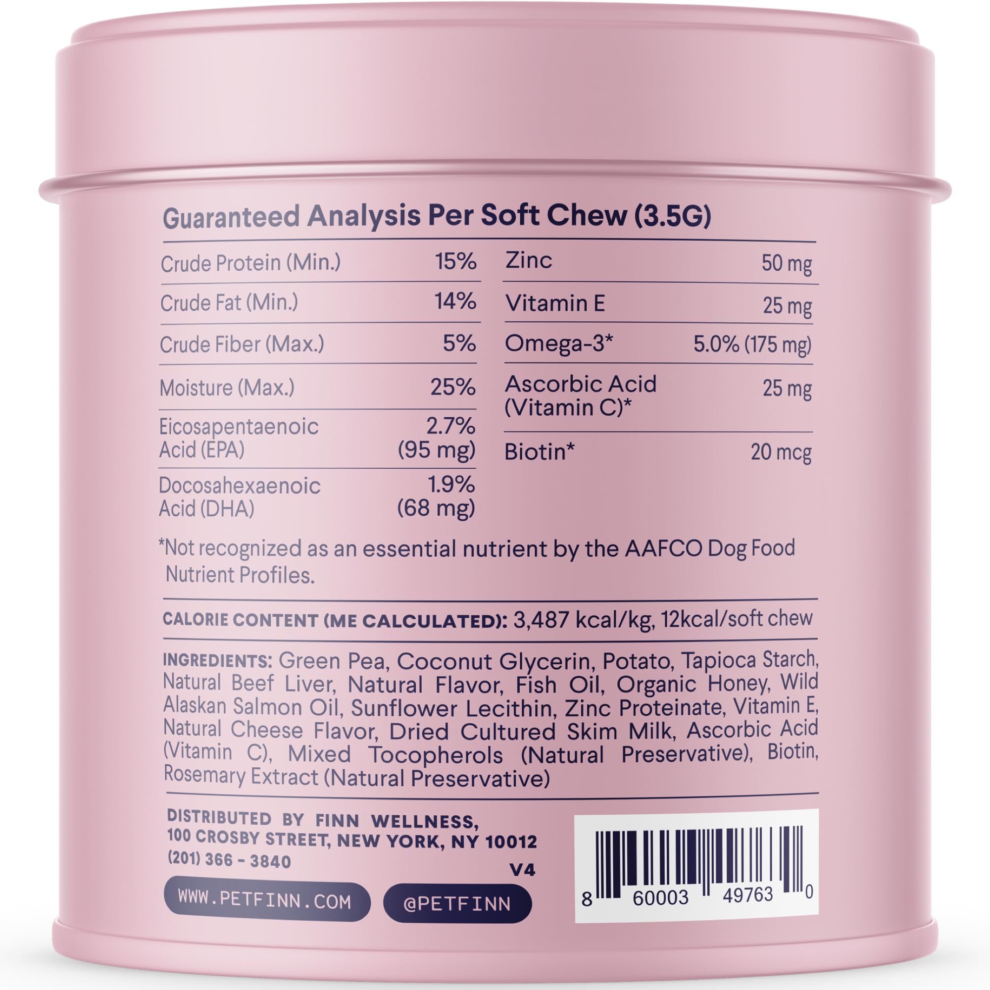 Finn Skin & Coat biotin vitamins panel emphasizes coat texture and shine support.