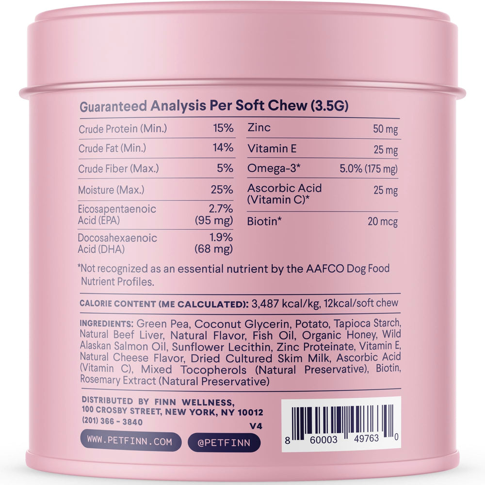 Finn Skin & Coat biotin vitamins panel emphasizes coat texture and shine support.