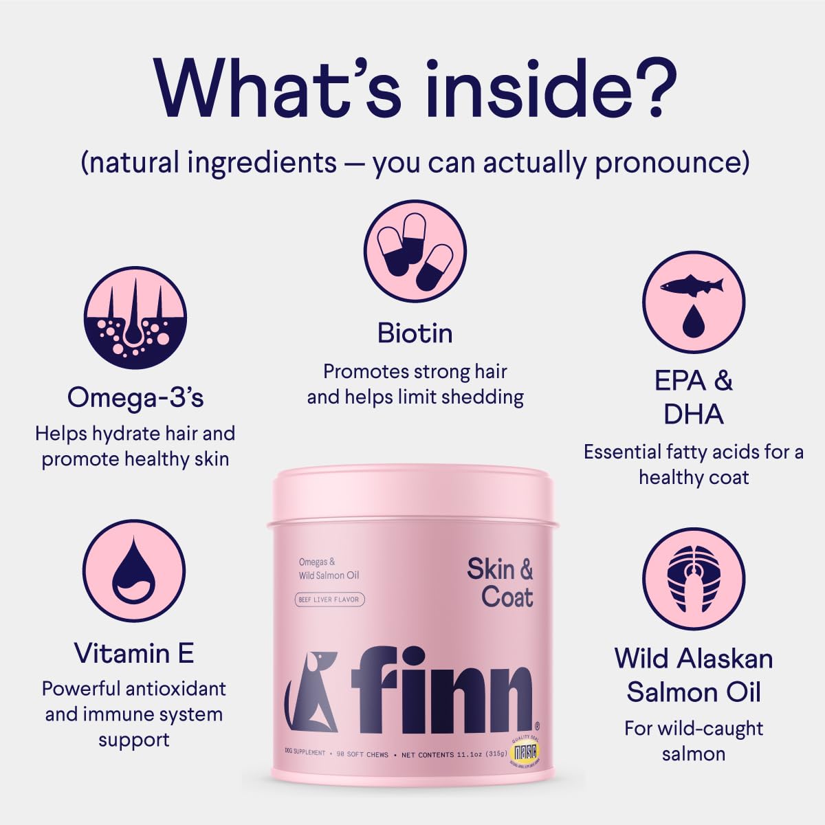 Finn Skin & Coat dog eating chew illustrates easy daily coat nourishment.