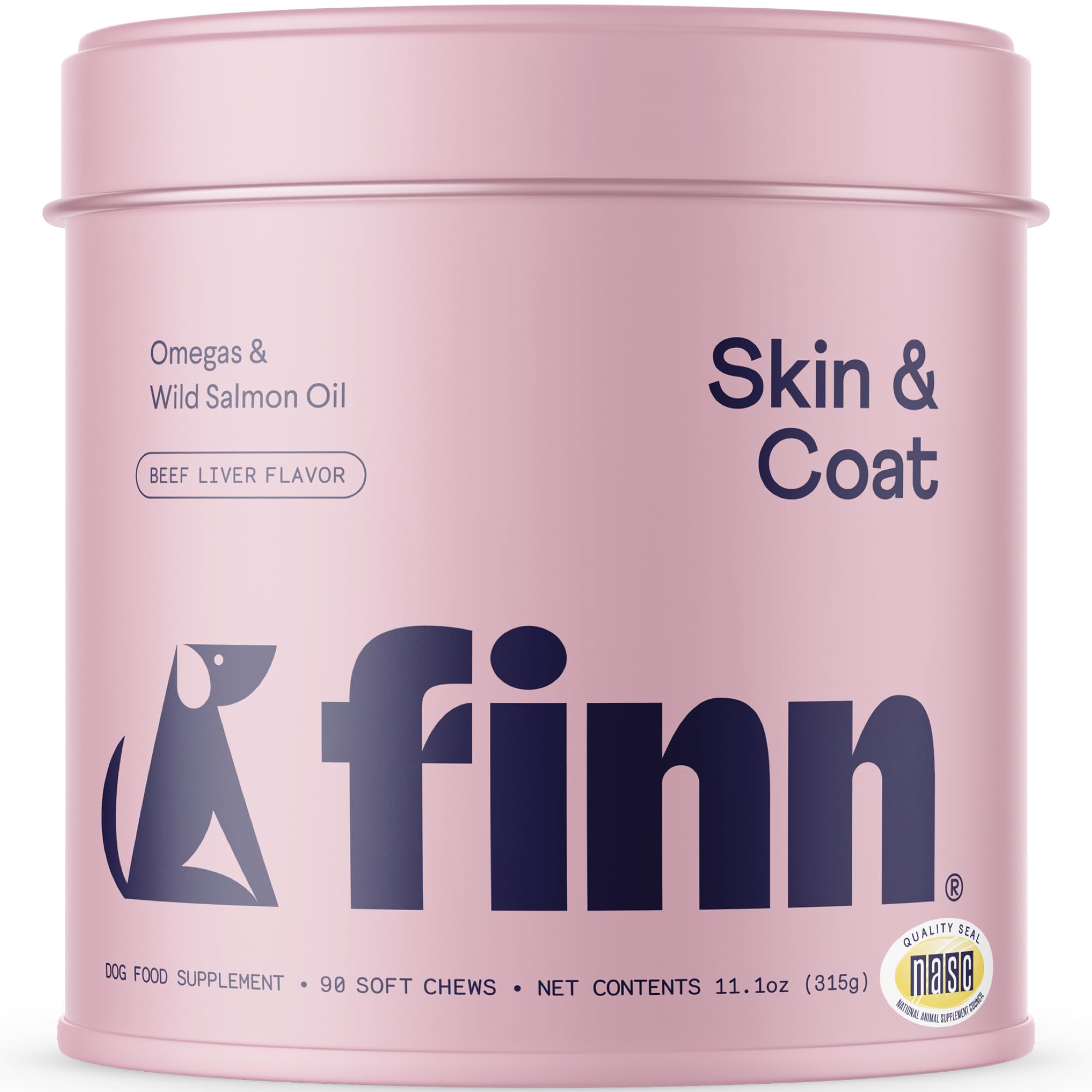 Finn Skin & Coat salmon oil bottle highlights omega-3 support for dogs.