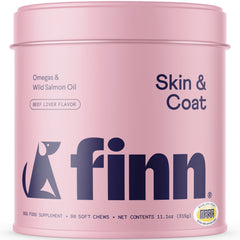 Finn Skin & Coat salmon oil bottle highlights omega-3 support for dogs.