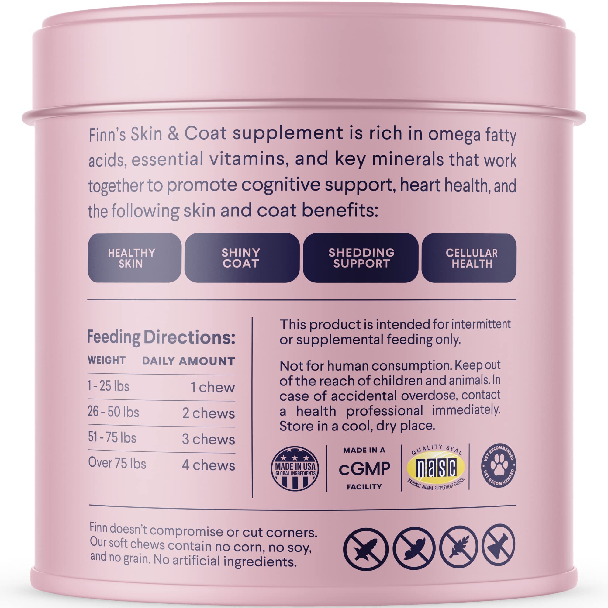 Finn Skin & Coat wild Alaskan salmon ingredient label highlights omega-3 DHA and EPA.