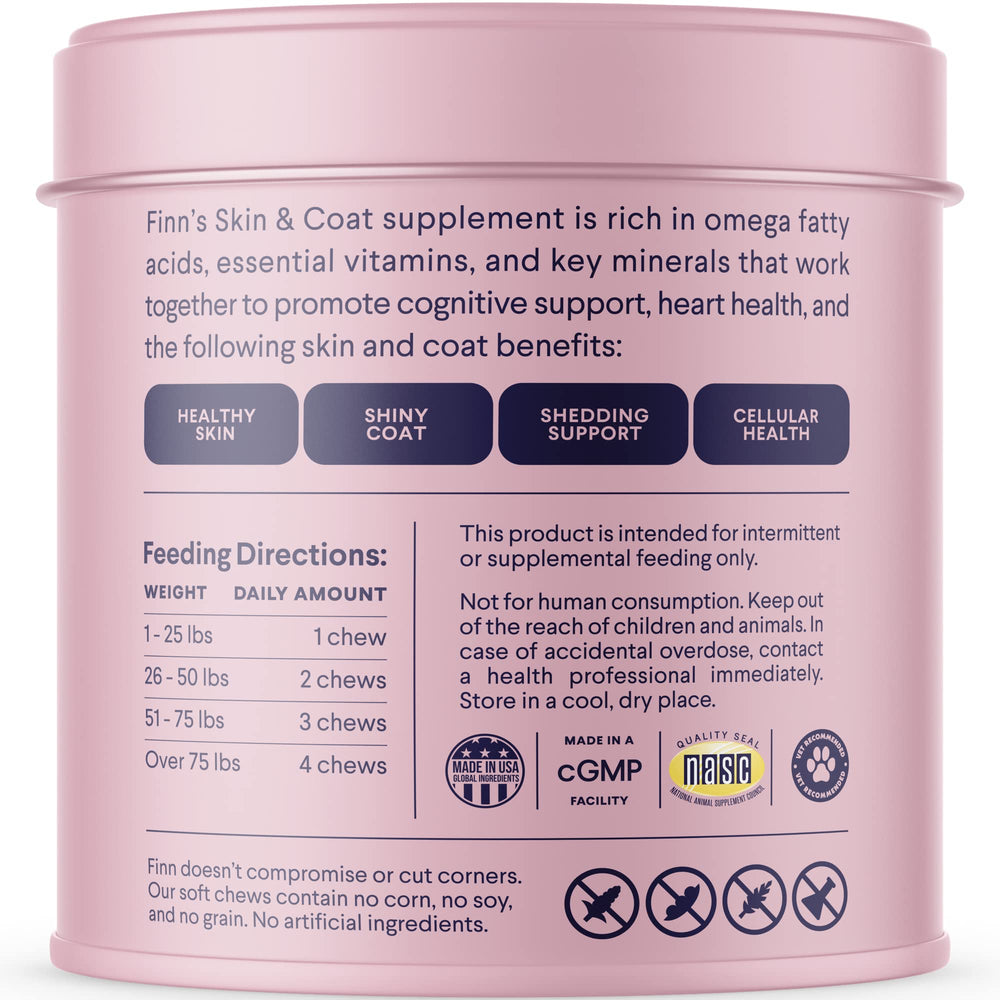 Finn Skin & Coat wild Alaskan salmon ingredient label highlights omega-3 DHA and EPA.
