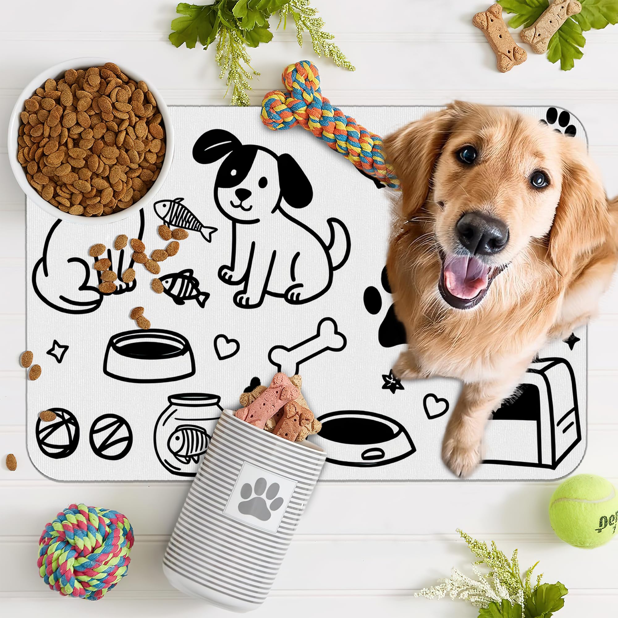 FIOUQINE pet-friendly surface doubles as a resting mat near feeding.