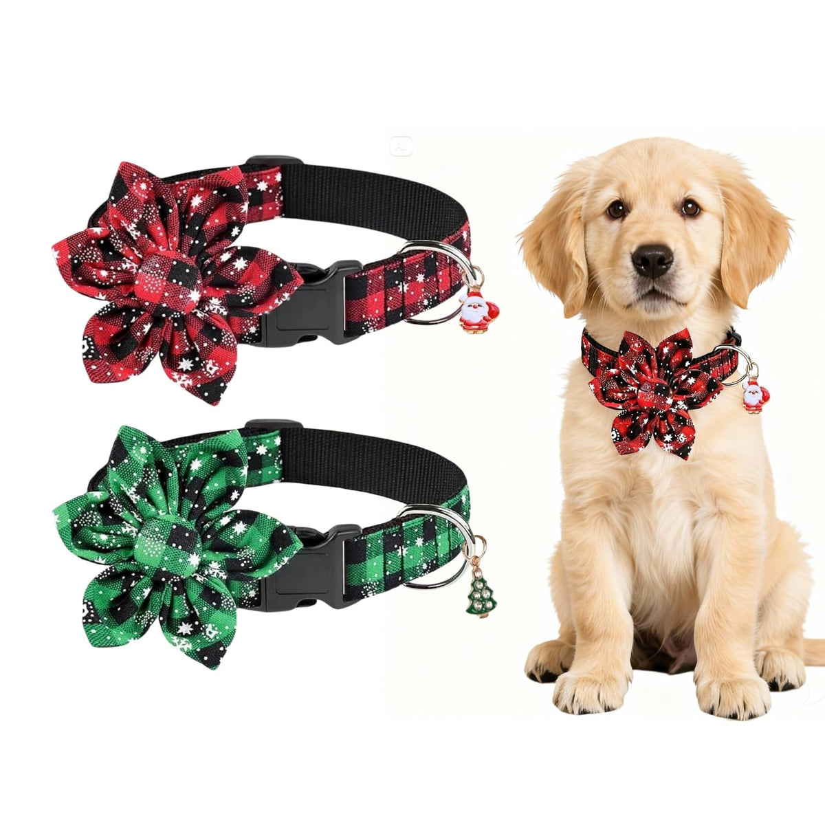 Fipergen Christmas dog collar with removable flower for versatile holiday styling