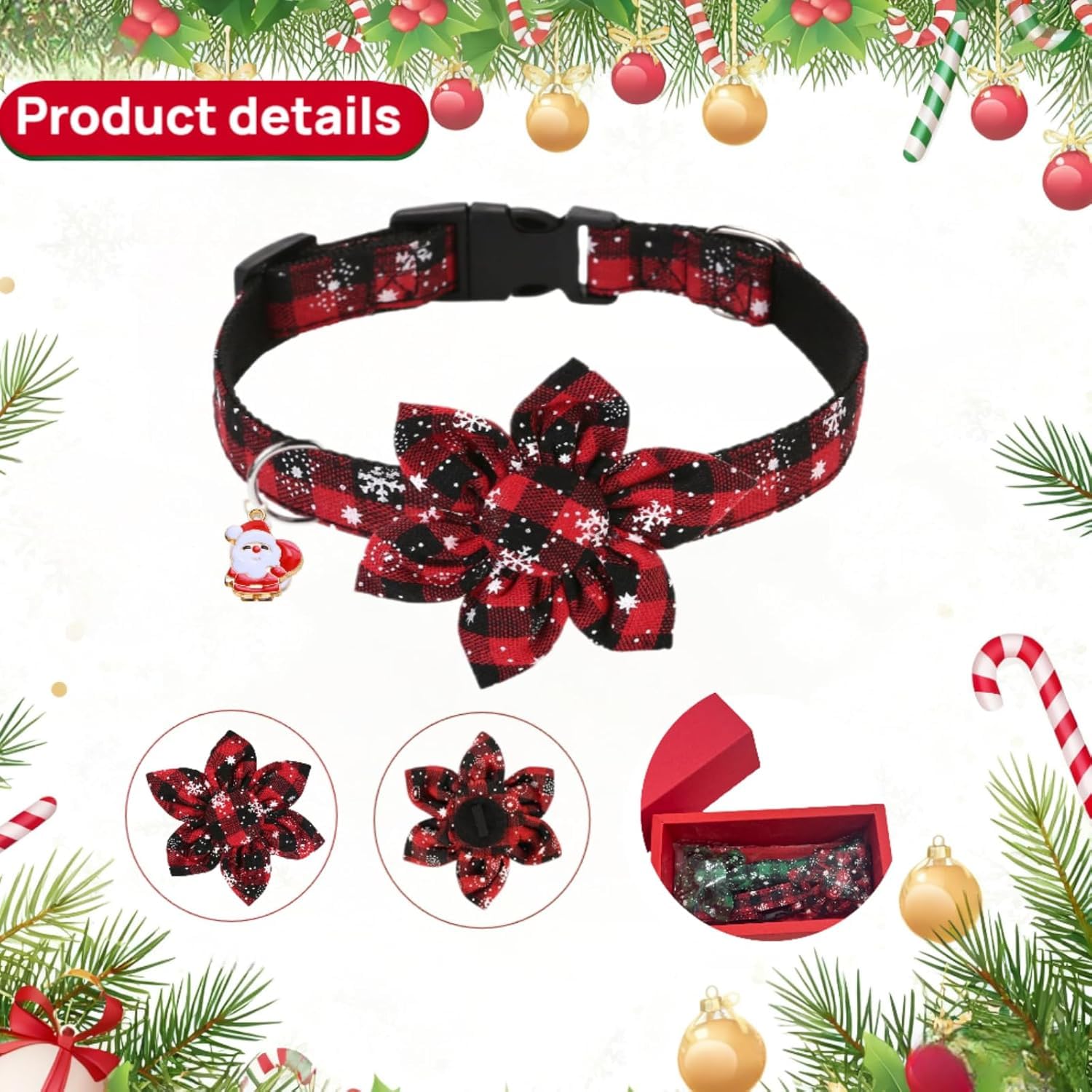 Fipergen Christmas dog collar stainless D-ring for secure ID tagging or leash