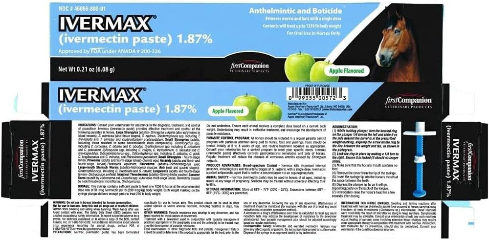 First Companion Ivermax paste blue tube close-up ready for single-dose administration.