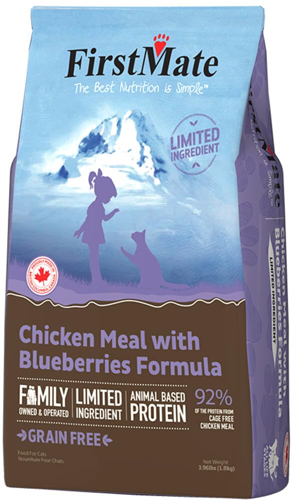 FirstMate chicken-blueberries dry cat food bag; grain-free single protein option for sensitive cats.