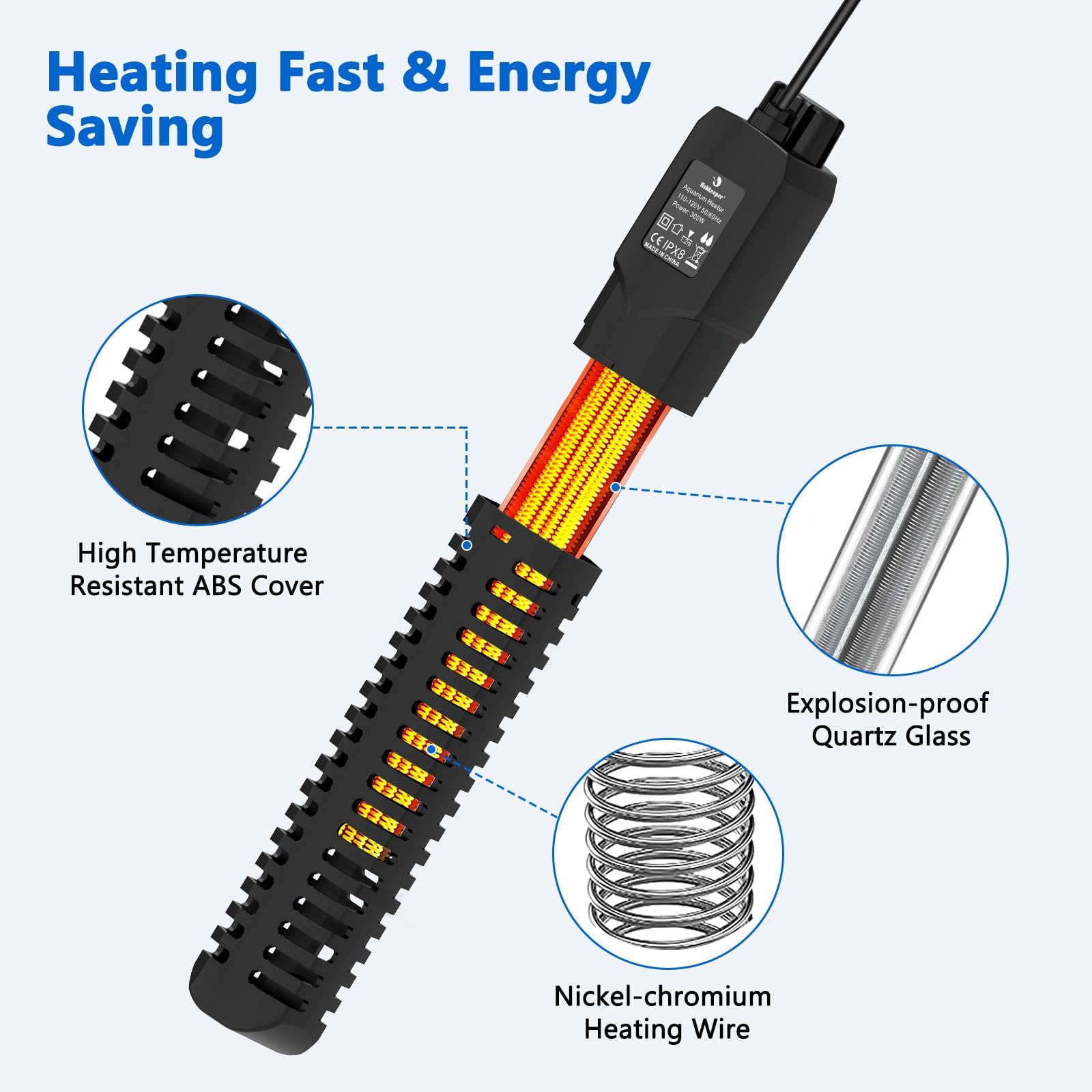 Fishkeeper 300W heater dry-burn protection with safety stop indicator.