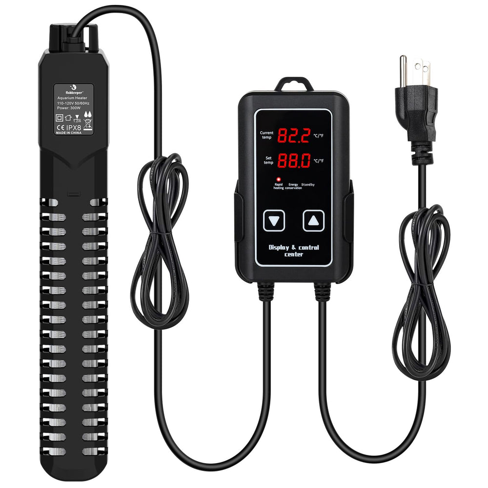 Fishkeeper 300W heater front view demonstrates compact submersible design.