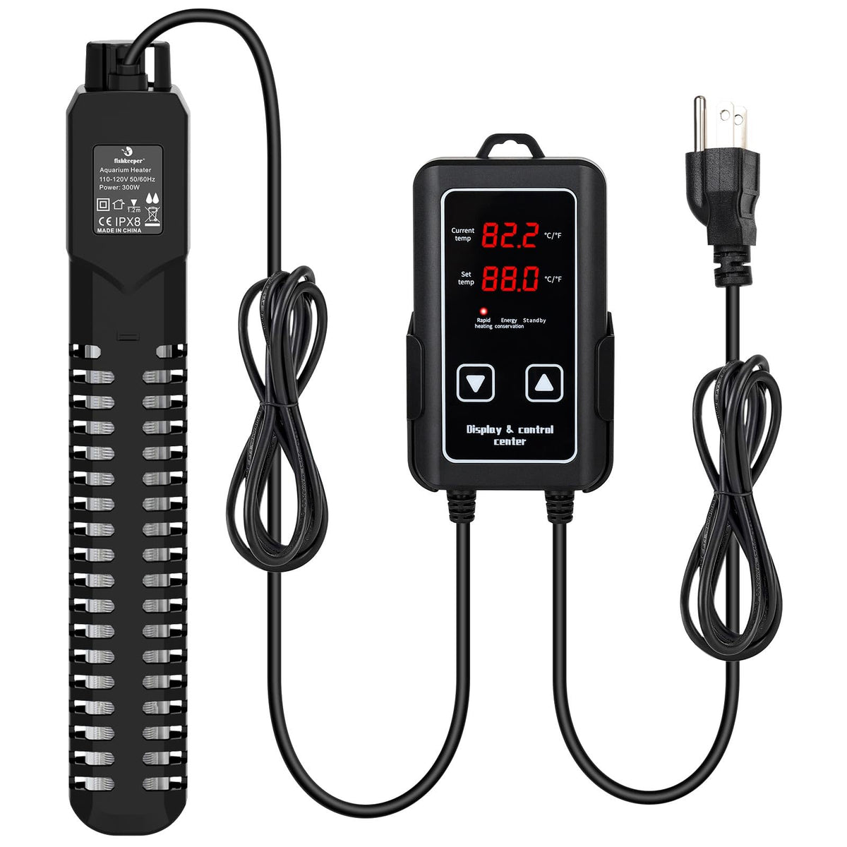 Fishkeeper 300W heater front view demonstrates compact submersible design.