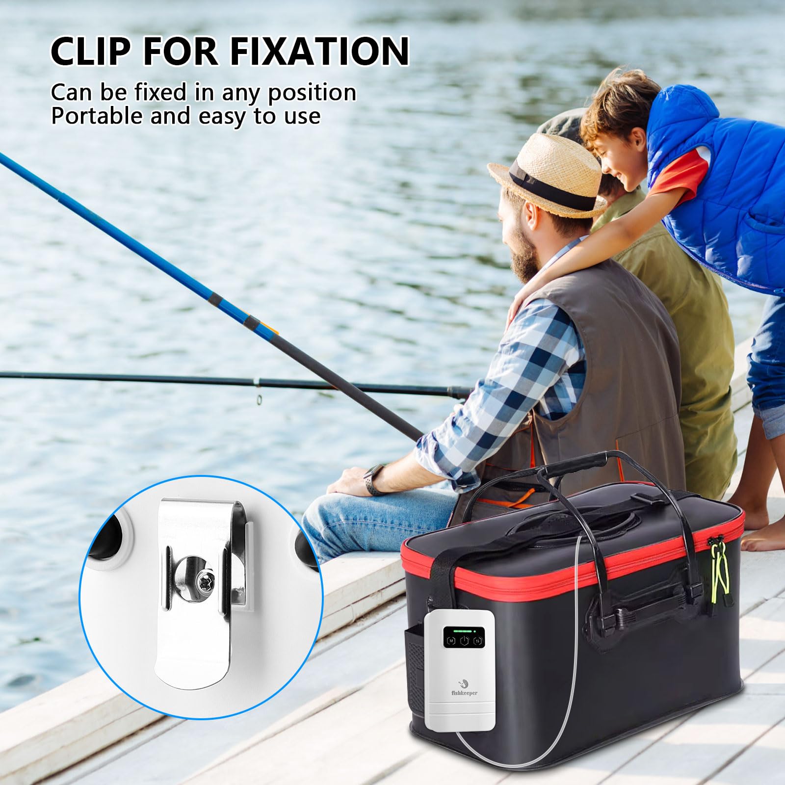 The fishkeeper adjustable-flow-levels image emphasizes customizable air output for various tanks.