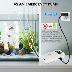 fishkeeper air pump battery compartment reveals built-in rechargeable power for emergencies.