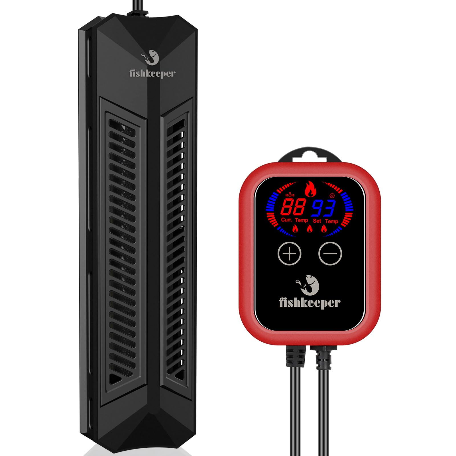 Fishkeeper aquarium heater with digital display shows precise temperature control for stable tanks.