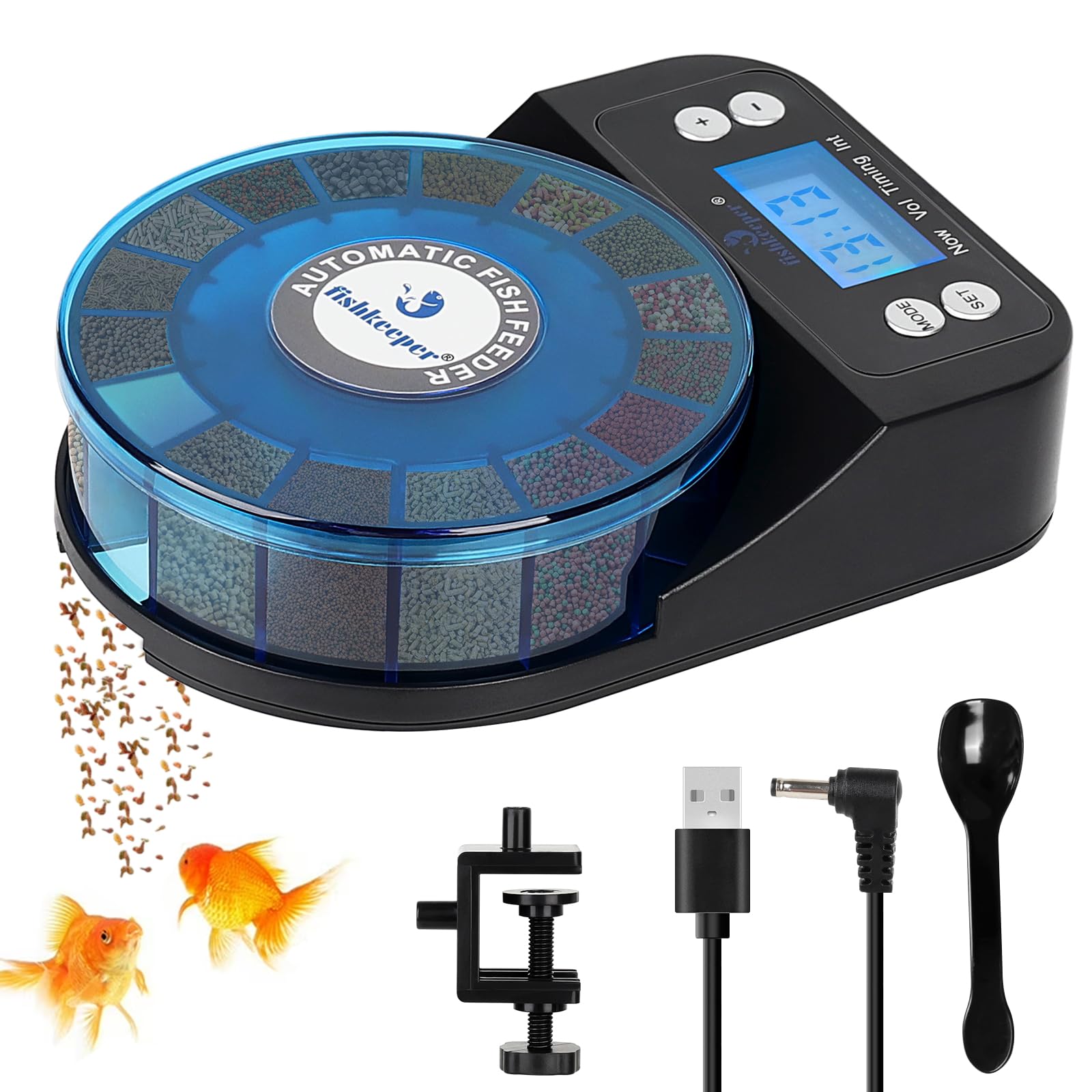 fishkeeper Automatic Feeder with 16-grid compartments enables precise, multi-meal scheduling for reliable feeding.