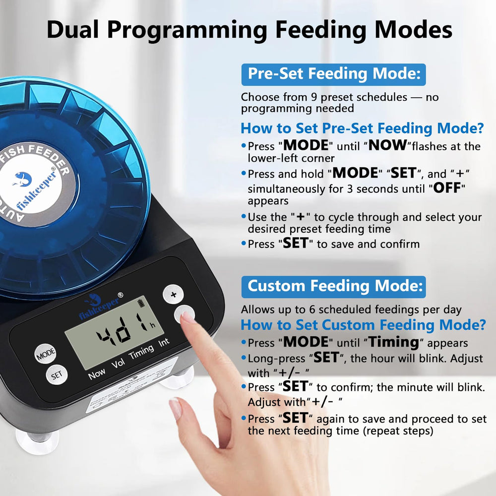 fishkeeper Automatic Feeder provides 2-gram portions for controlled feeding and reduced waste.