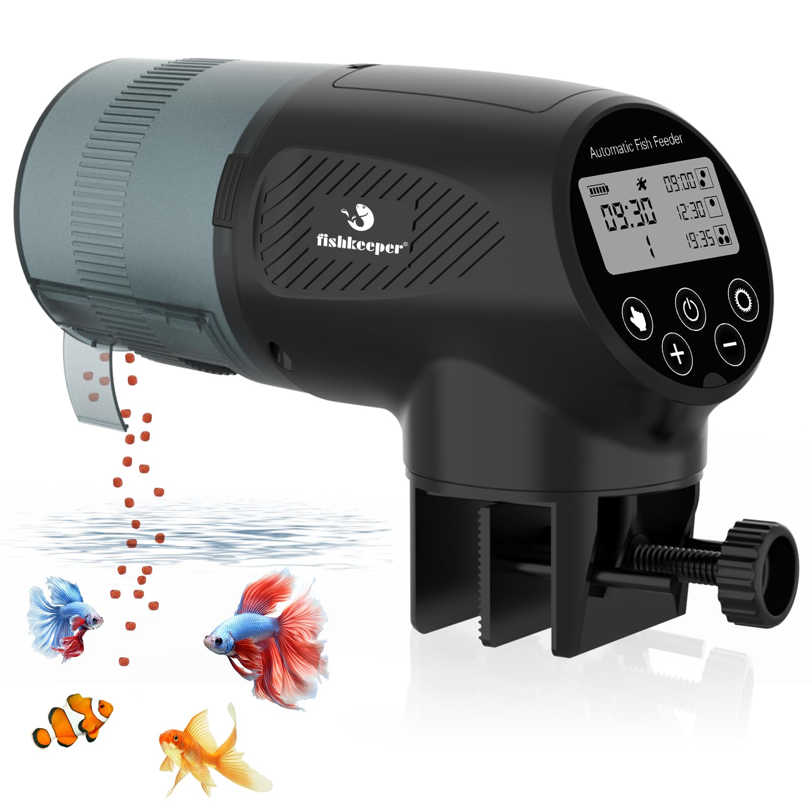 Fishkeeper automatic feeder LCD display enables precise, programmable feeding at a glance.