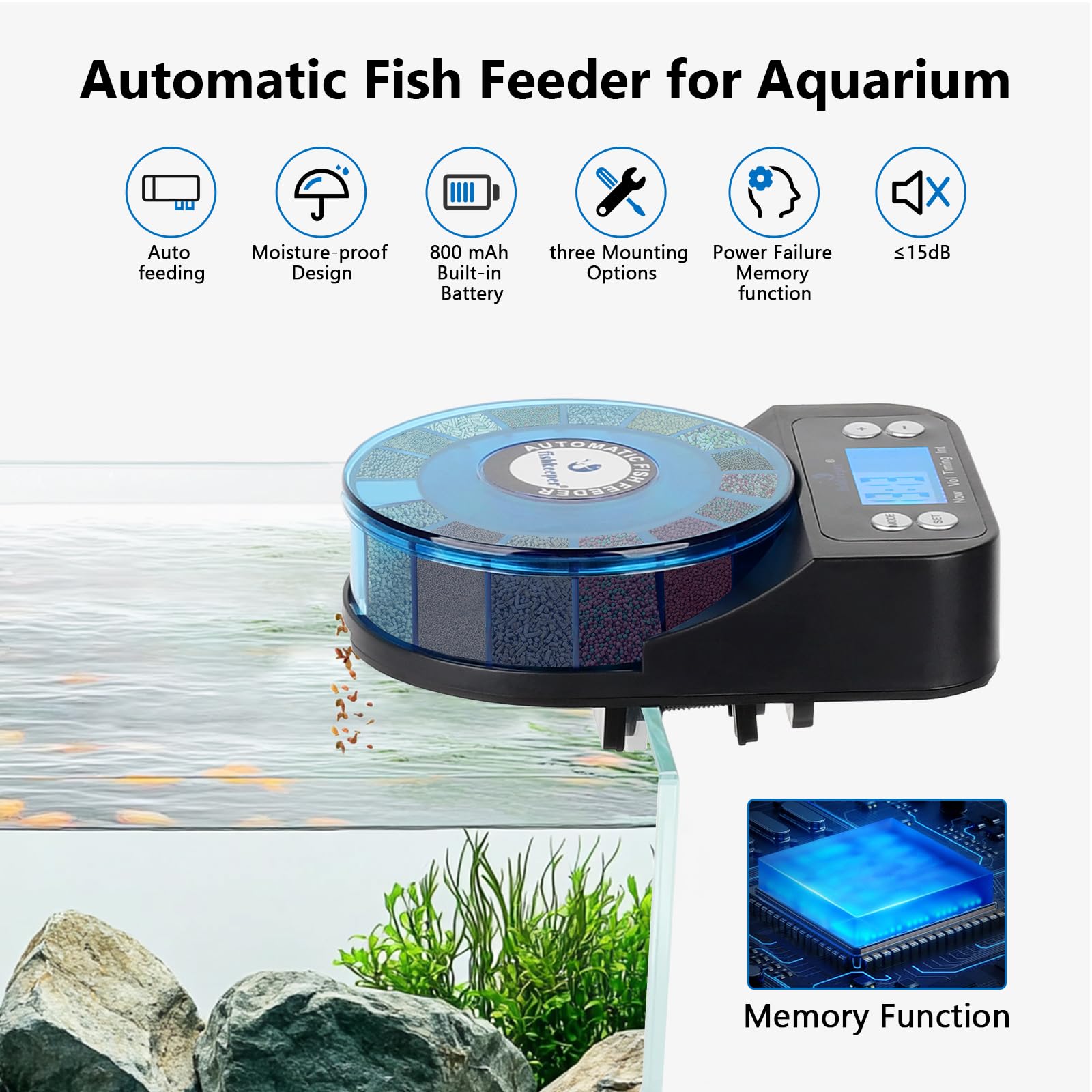 fishkeeper Automatic Feeder moisture-proof lid preserves dry food during operation.