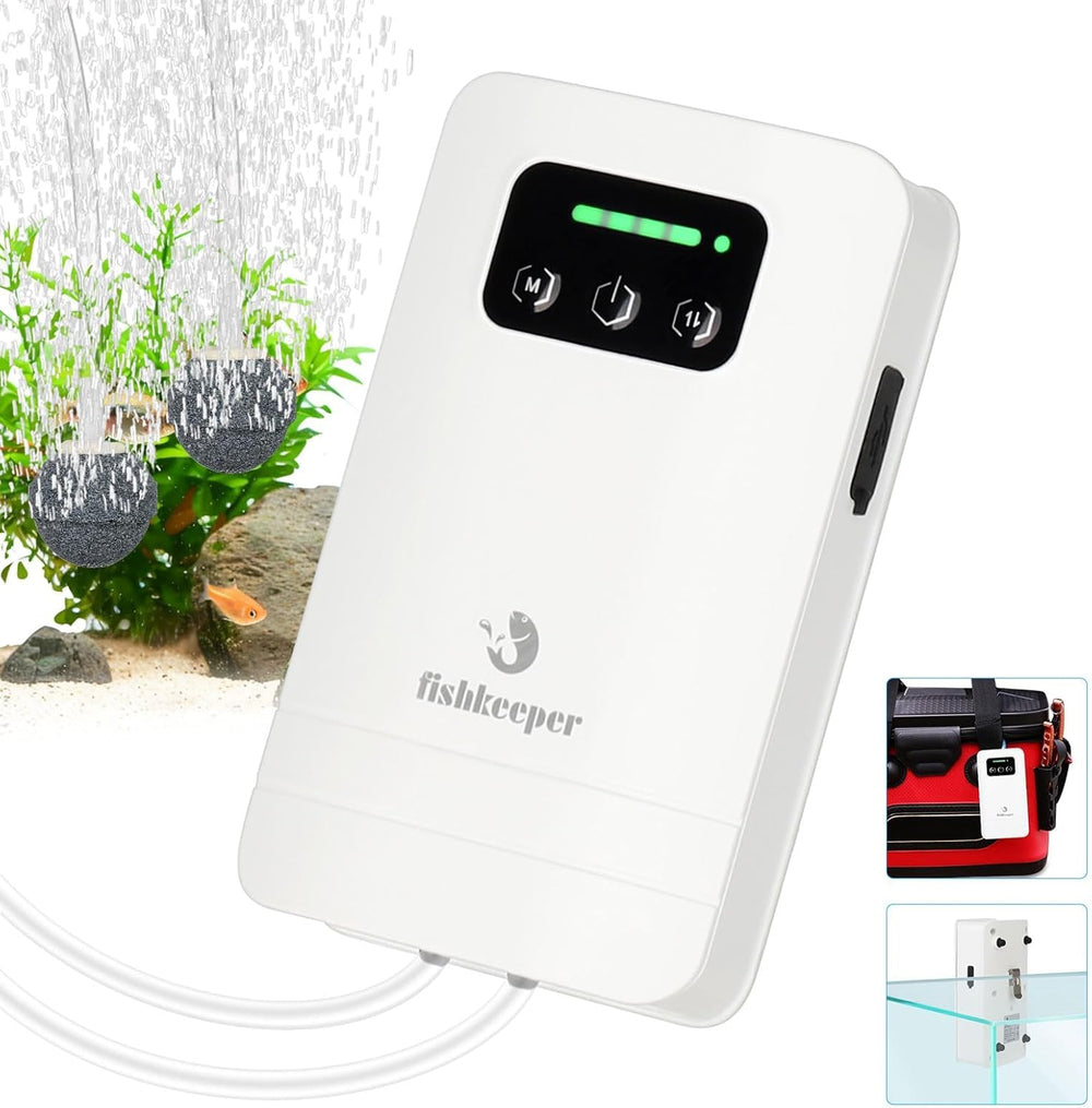 fishkeeper battery-powered air pump front view enables portable oxygen delivery for tanks.