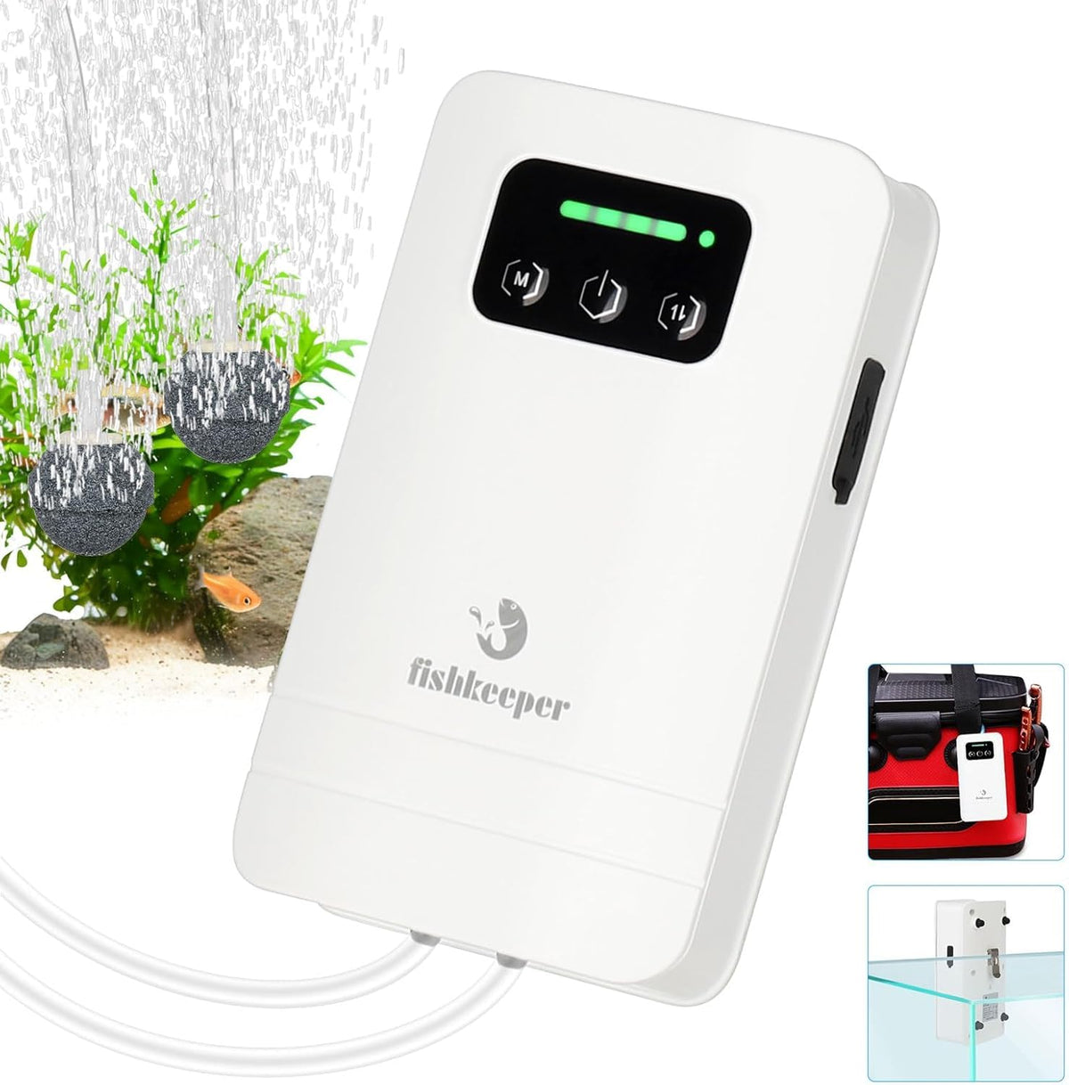 fishkeeper battery-powered air pump front view enables portable oxygen delivery for tanks.