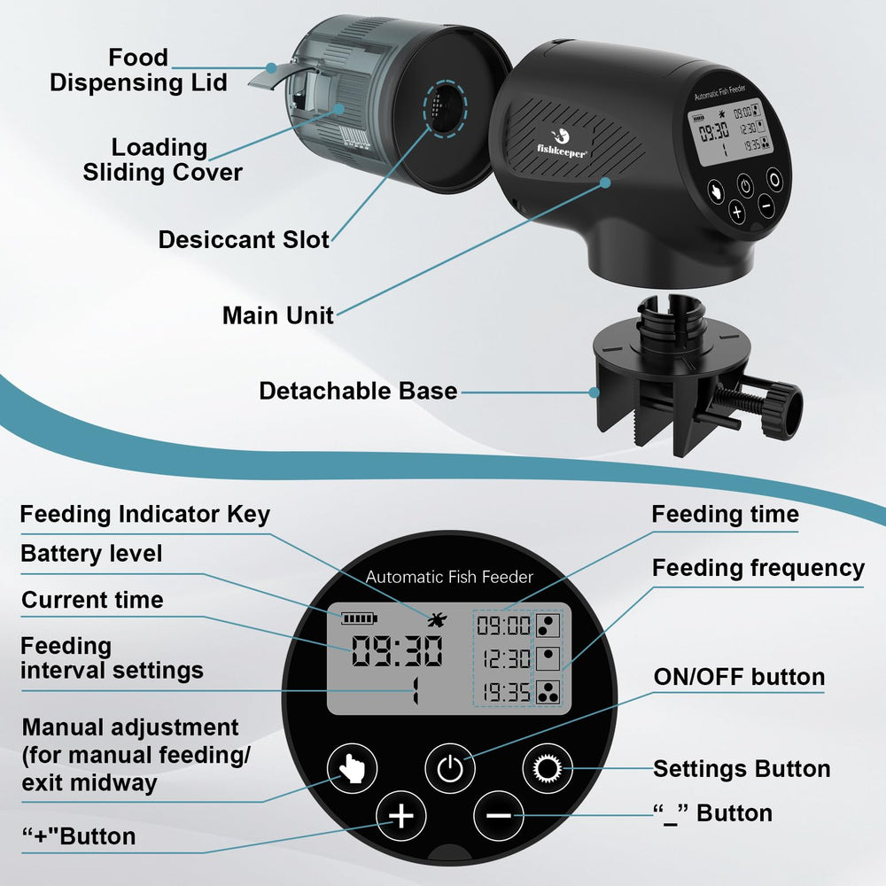 Fishkeeper battery-powered operation provides cordless feeding anywhere.