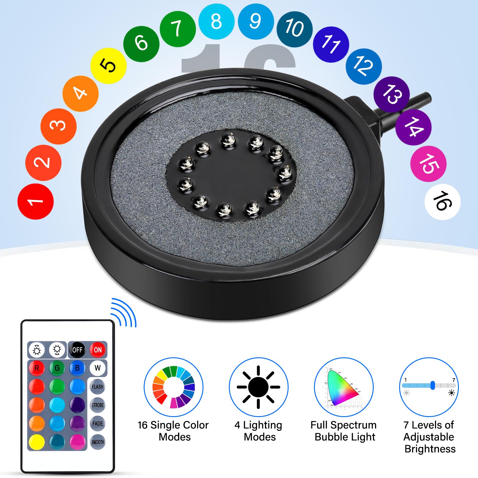 fishkeeper bubbler disk shows 16 colors for customizable tank mood and lighting