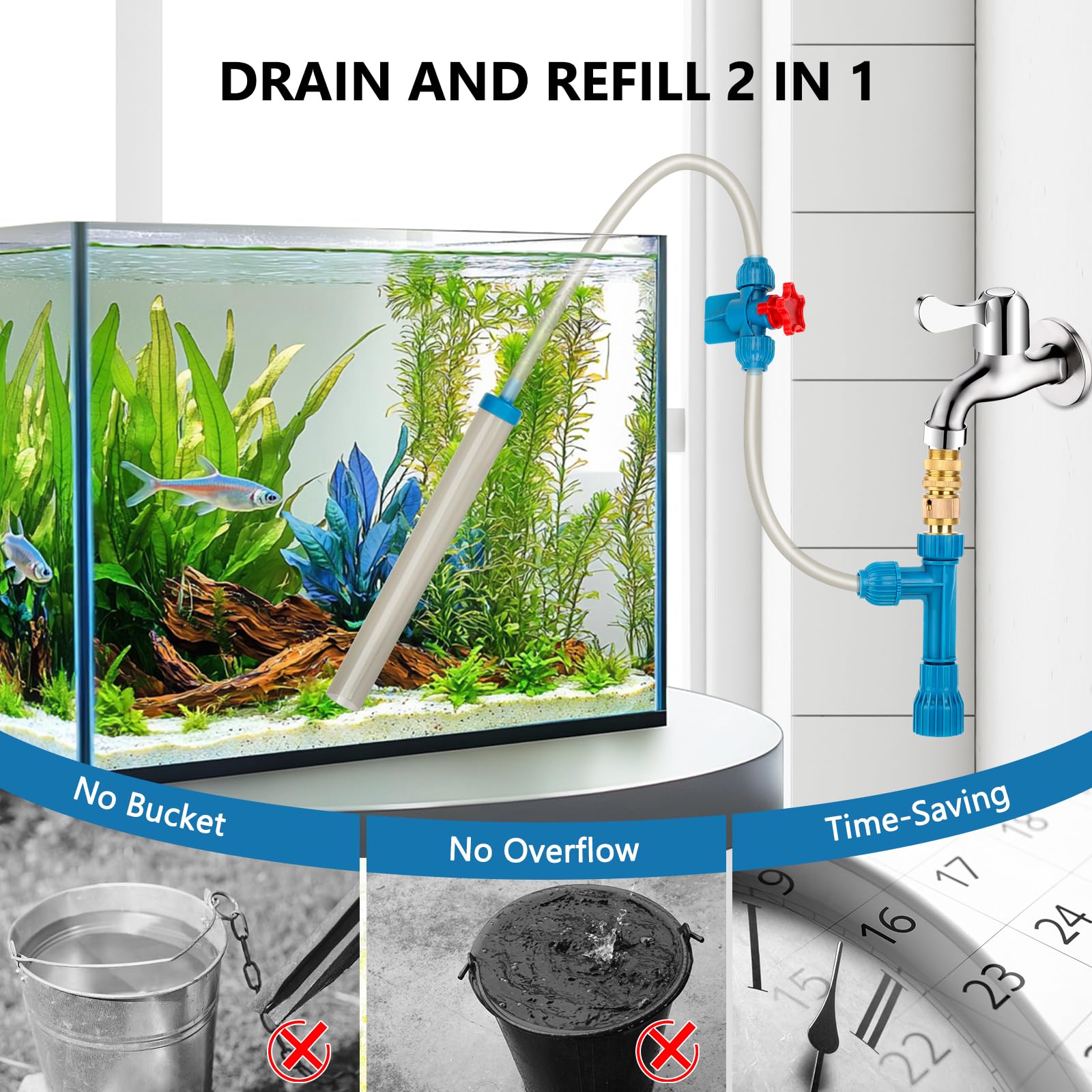 fishkeeper bucket-free water-change kit shows effortless drain and refill without a bucket.