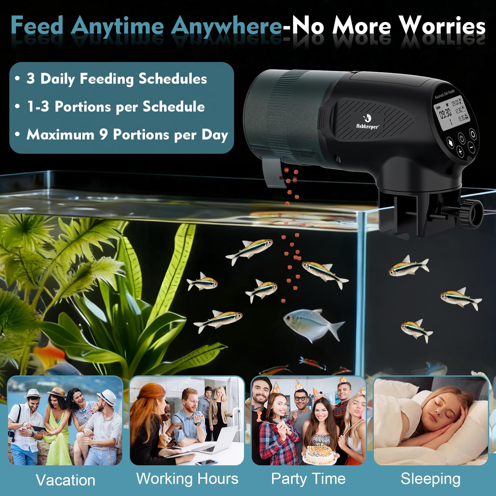 Fishkeeper double-sided-tape-mount offers lid-friendly installation.