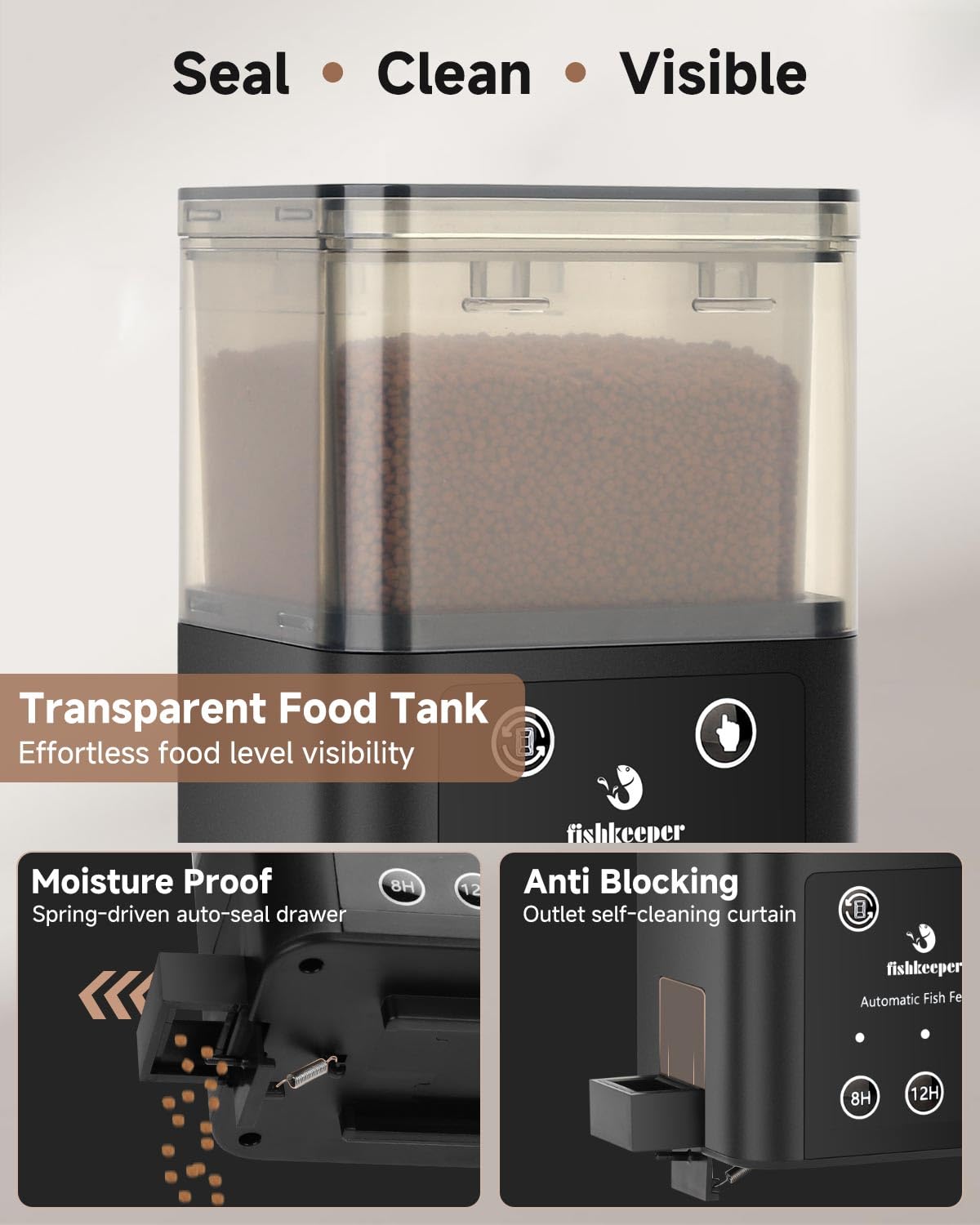 Fishkeeper feeder with 3 discharger sizes for precise portions