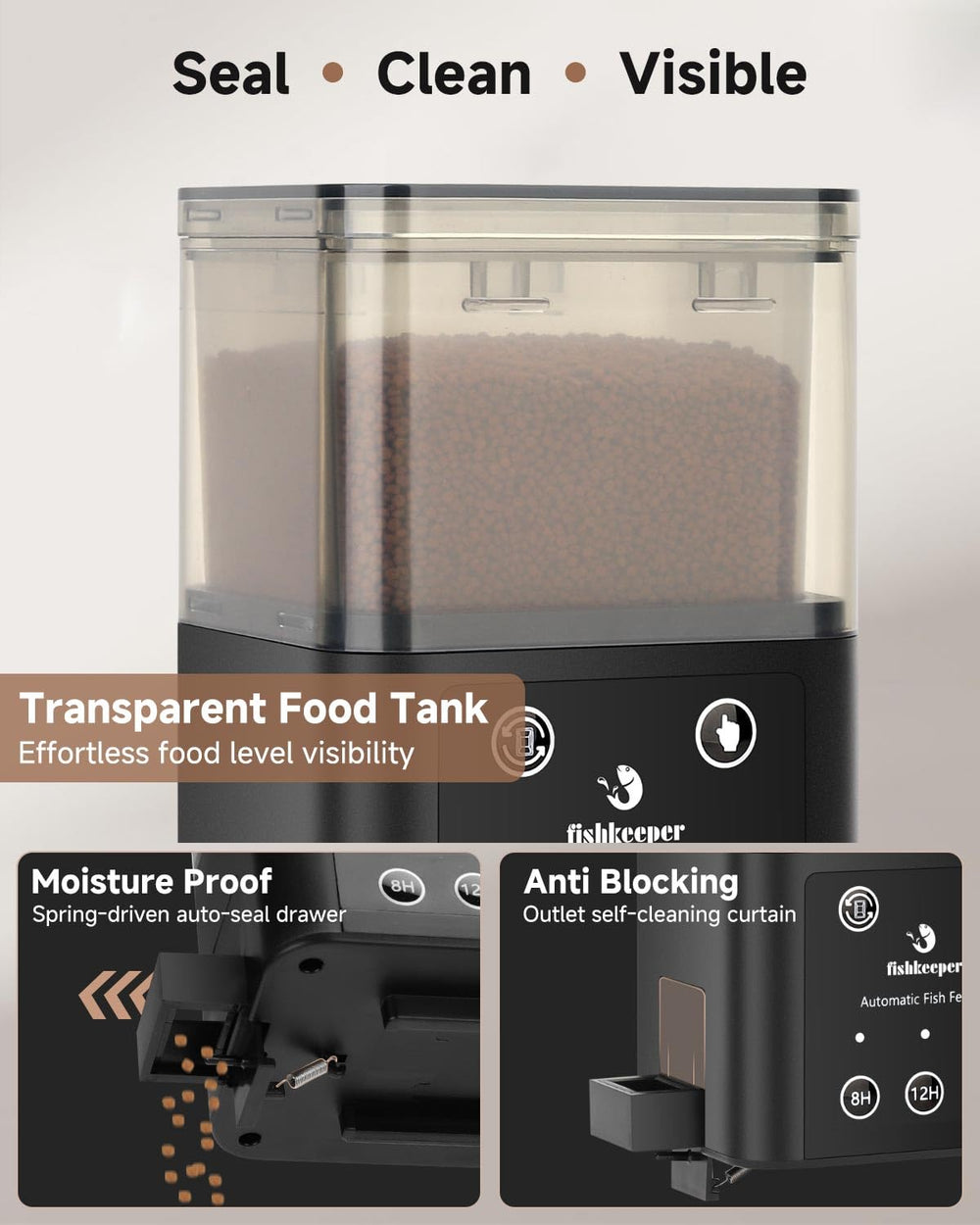 Fishkeeper feeder with 3 discharger sizes for precise portions