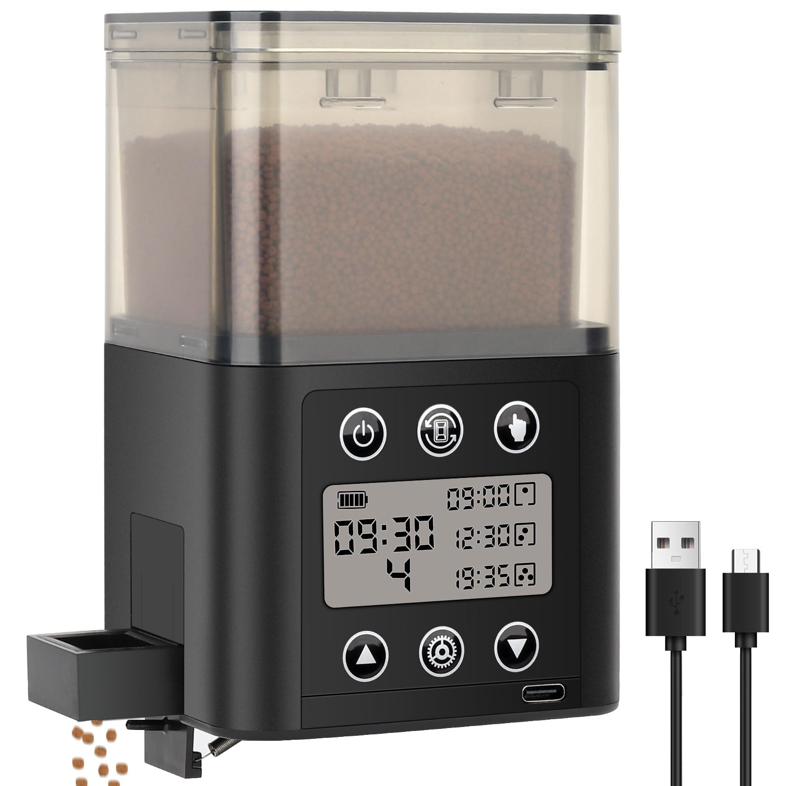 Fishkeeper smart feeder with LCD display for precise feeding schedules.