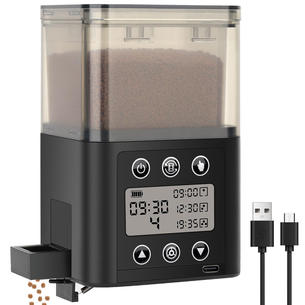 Fishkeeper smart feeder with LCD display for precise feeding schedules.