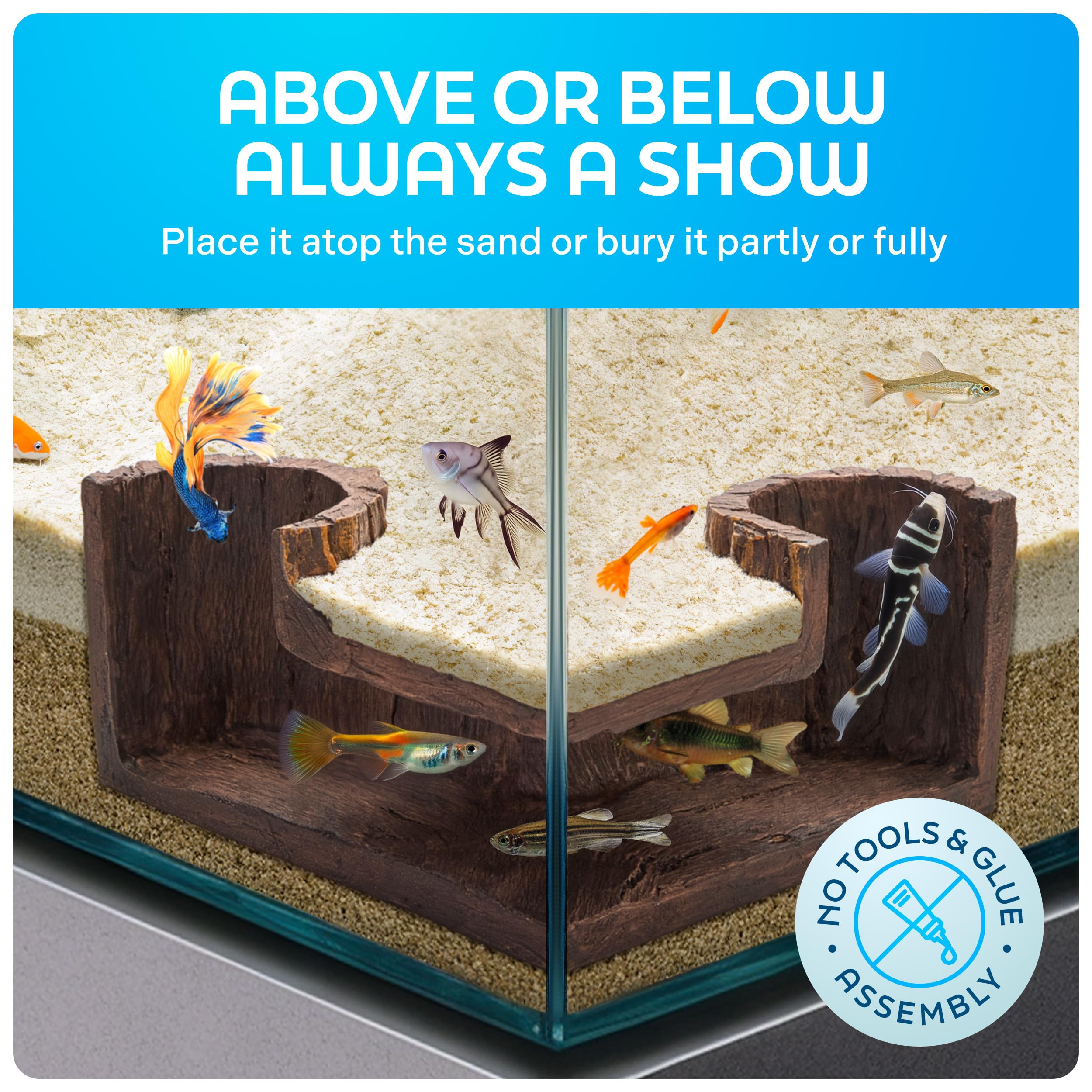 Fishnosh Aquarium Cave driftwood mimic adds a natural focal point.