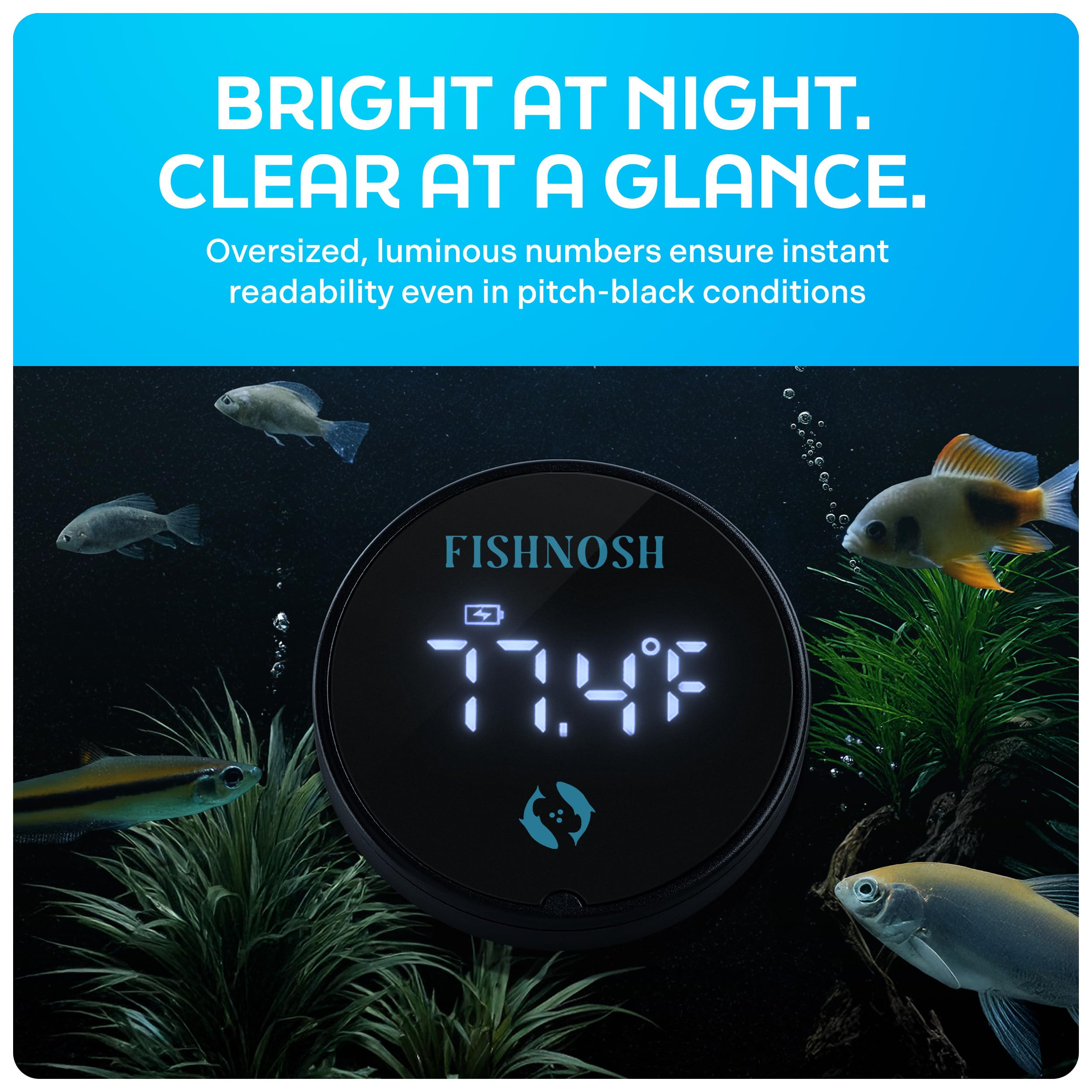 FishNosh aquarium thermometer charging cable attached for uninterrupted monitoring.