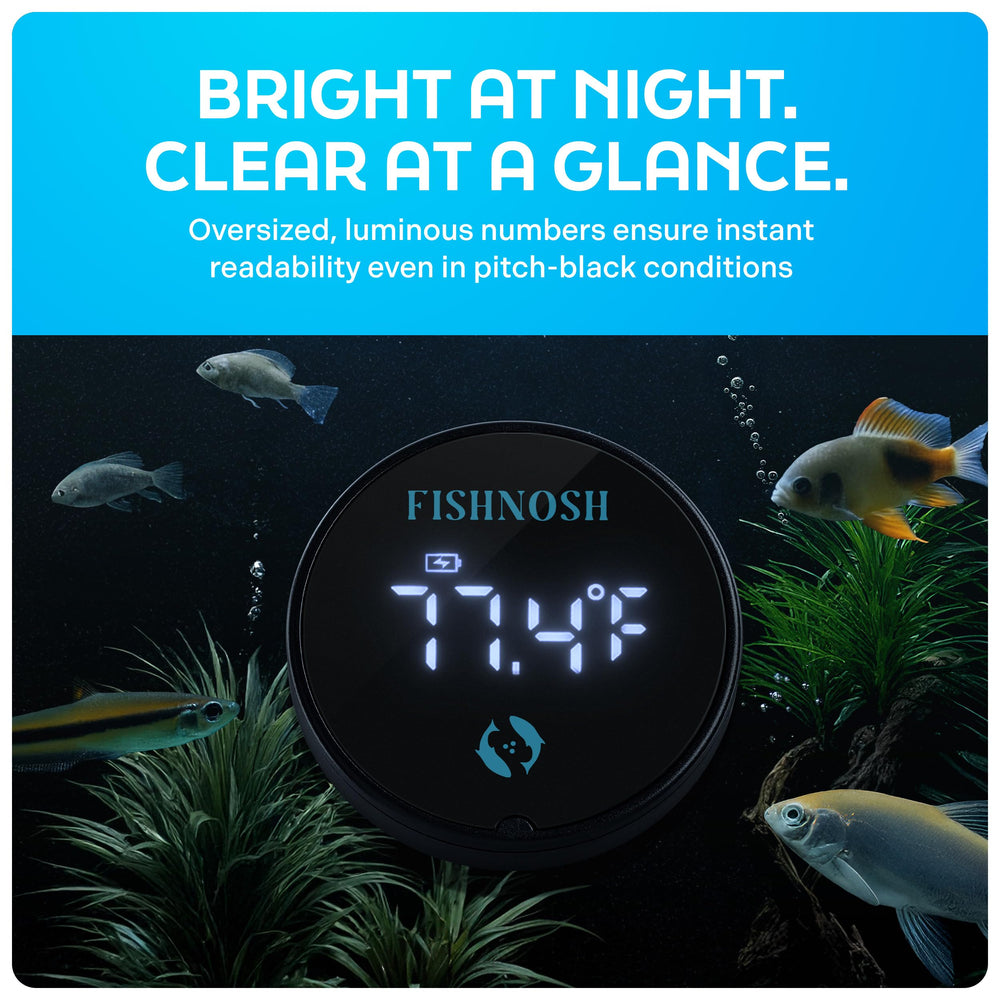 FishNosh aquarium thermometer charging cable attached for uninterrupted monitoring.