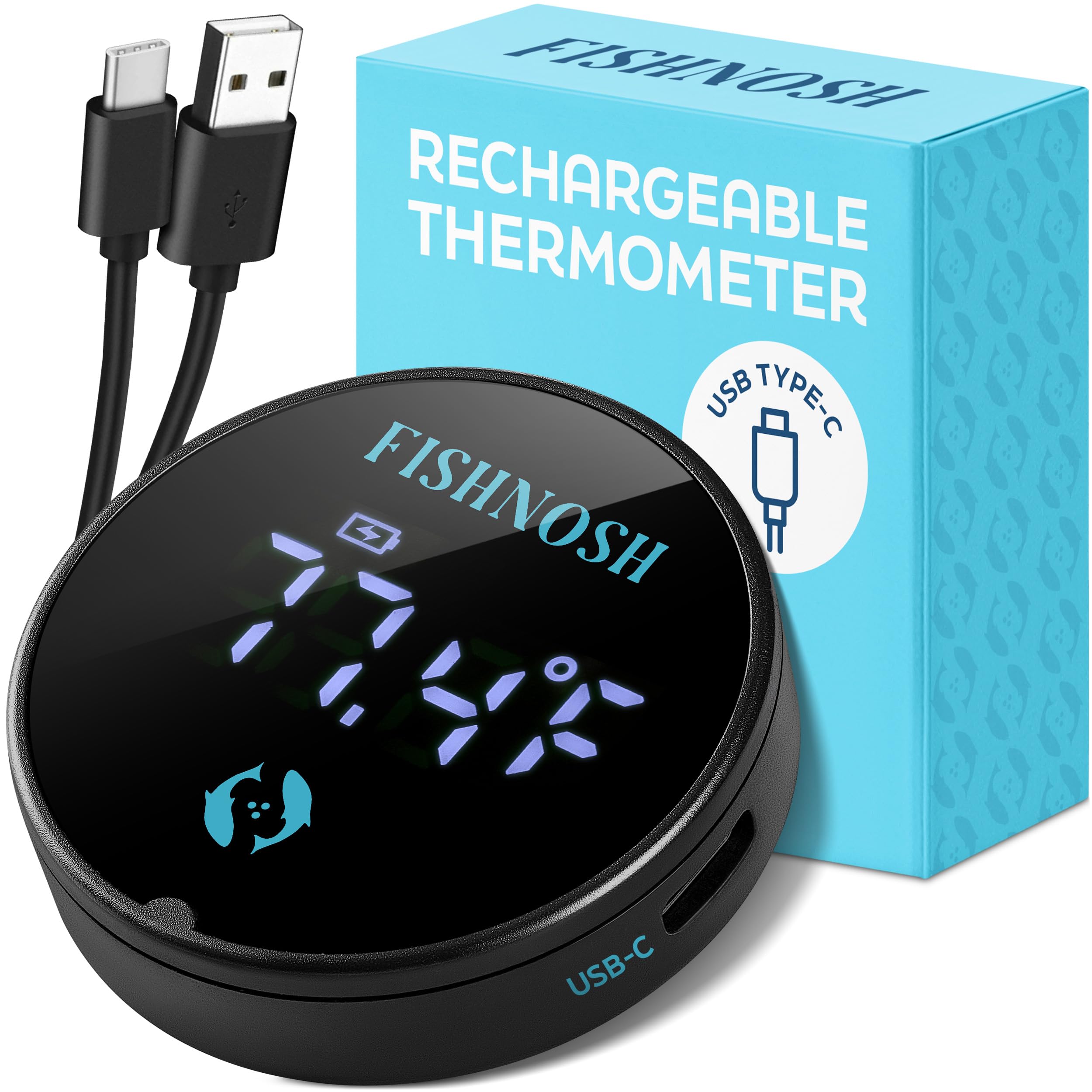 FishNosh aquarium thermometer front view showing glow-ready display for day and night readings.