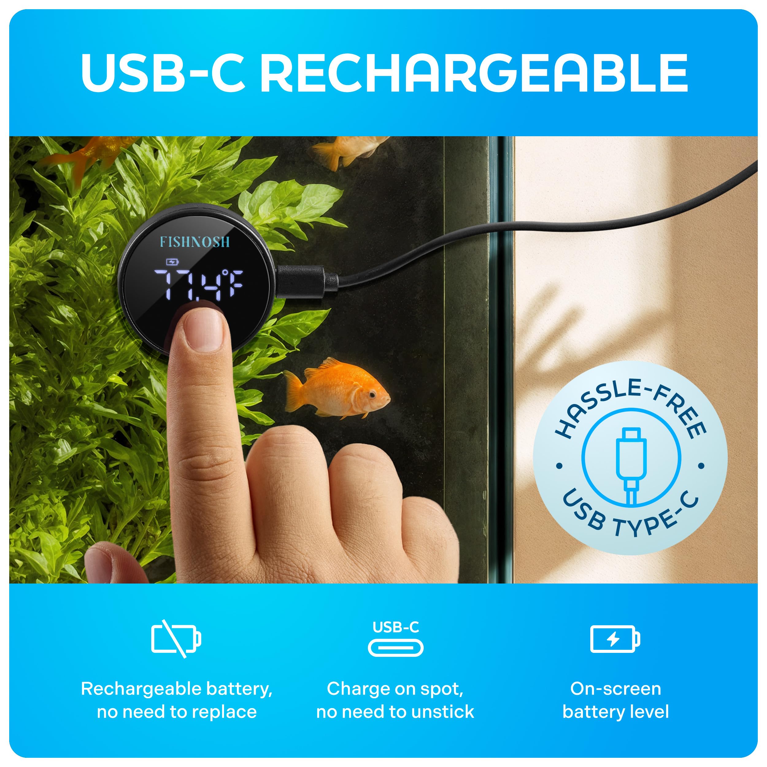 FishNosh aquarium thermometer glowing digits at night enables worry-free monitoring.