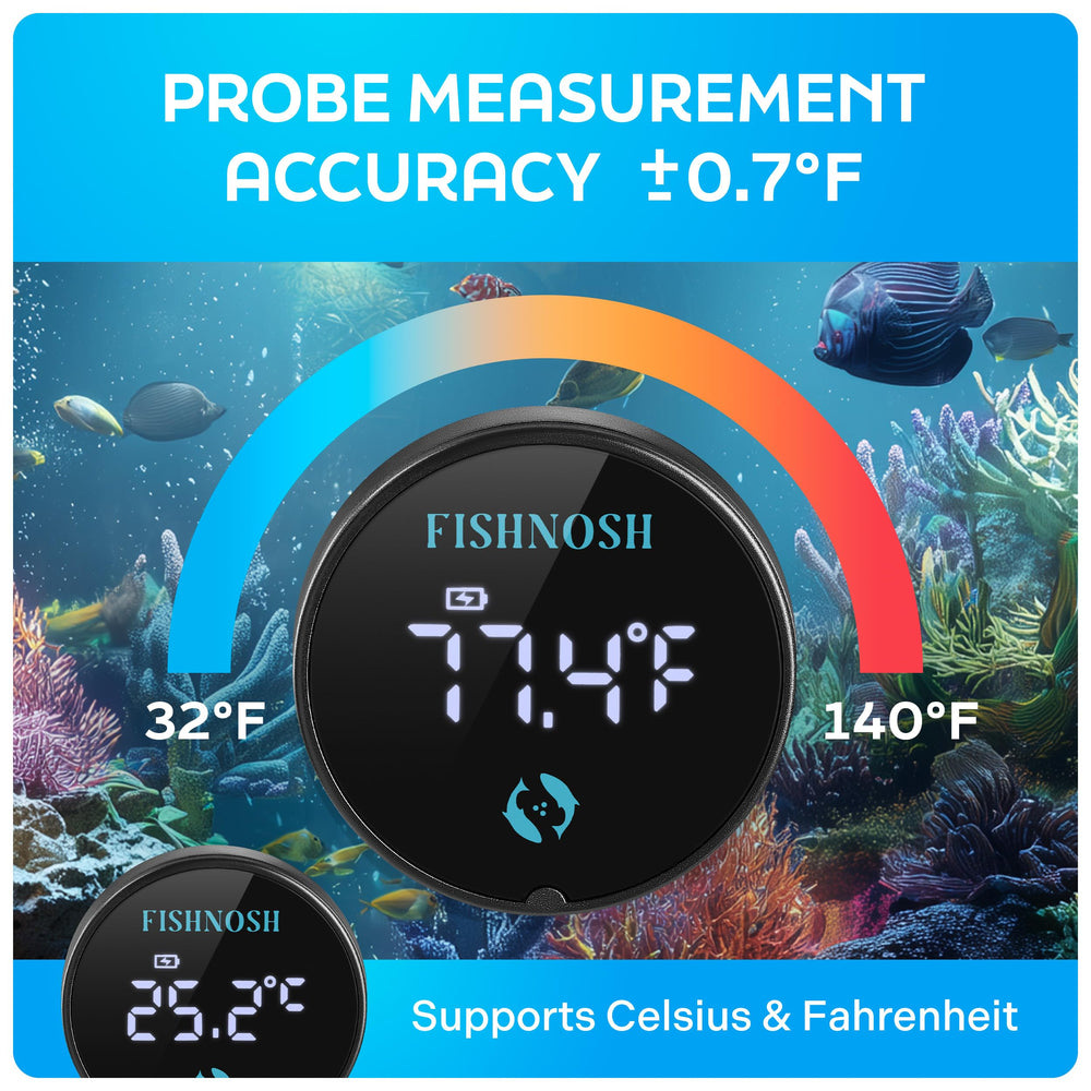 FishNosh aquarium thermometer in-tank setting highlights easy integration.